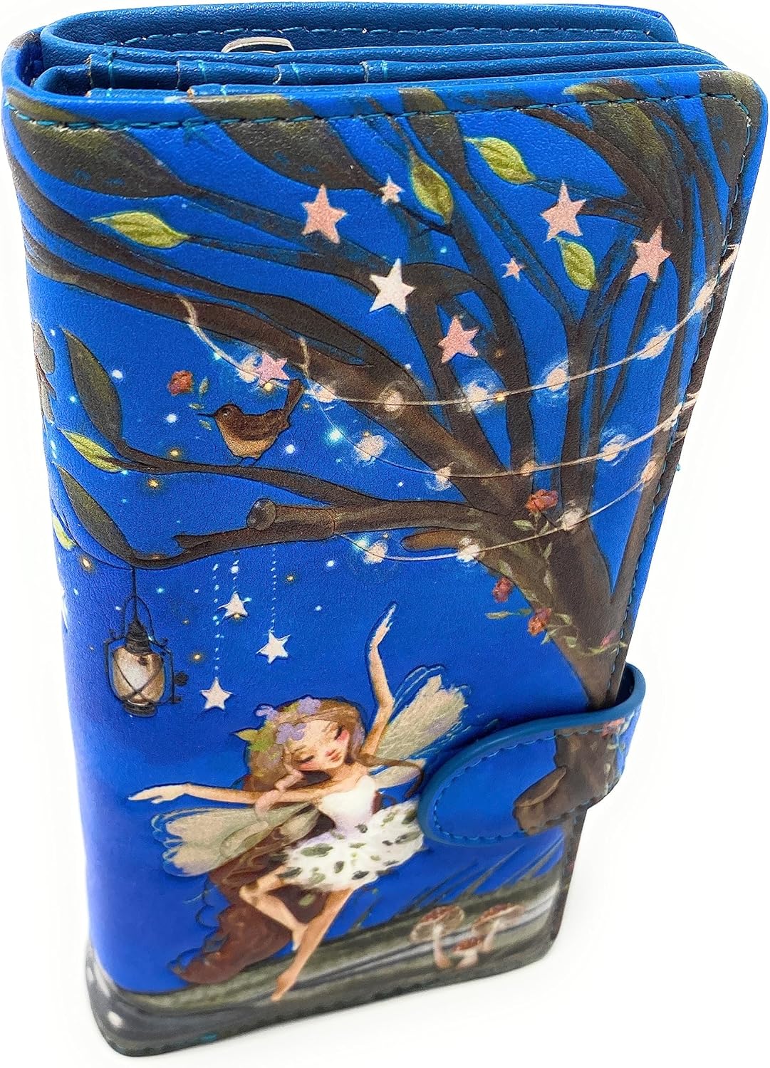 Shag Wear Fairy Forest Large Women’s Wallet, Vegan Faux Leather Bifold with Card Slots, Bill Compartments and Secure Snap Closure in Blue 7"