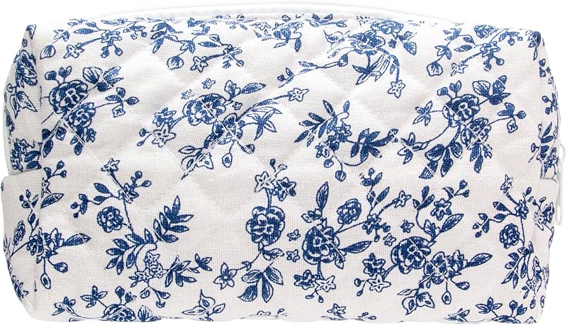 Necessaire de maquiagem PAZIMIIK com zíper, acolchoada, Floral, Jouy Blue