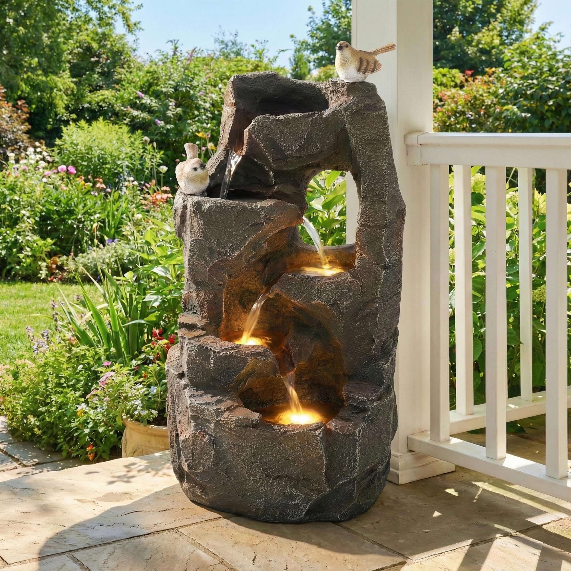 Merax Gartenbrunnen mit LED Beleuchtung, Moderner Standbrunnen für Garten, Terrasse, Balkon & Rasen, Steinoptik, Natürlicher Stil, 47cm Springbrunnen Wasserspiel Kaskade, Polyesterharz, Steingrau