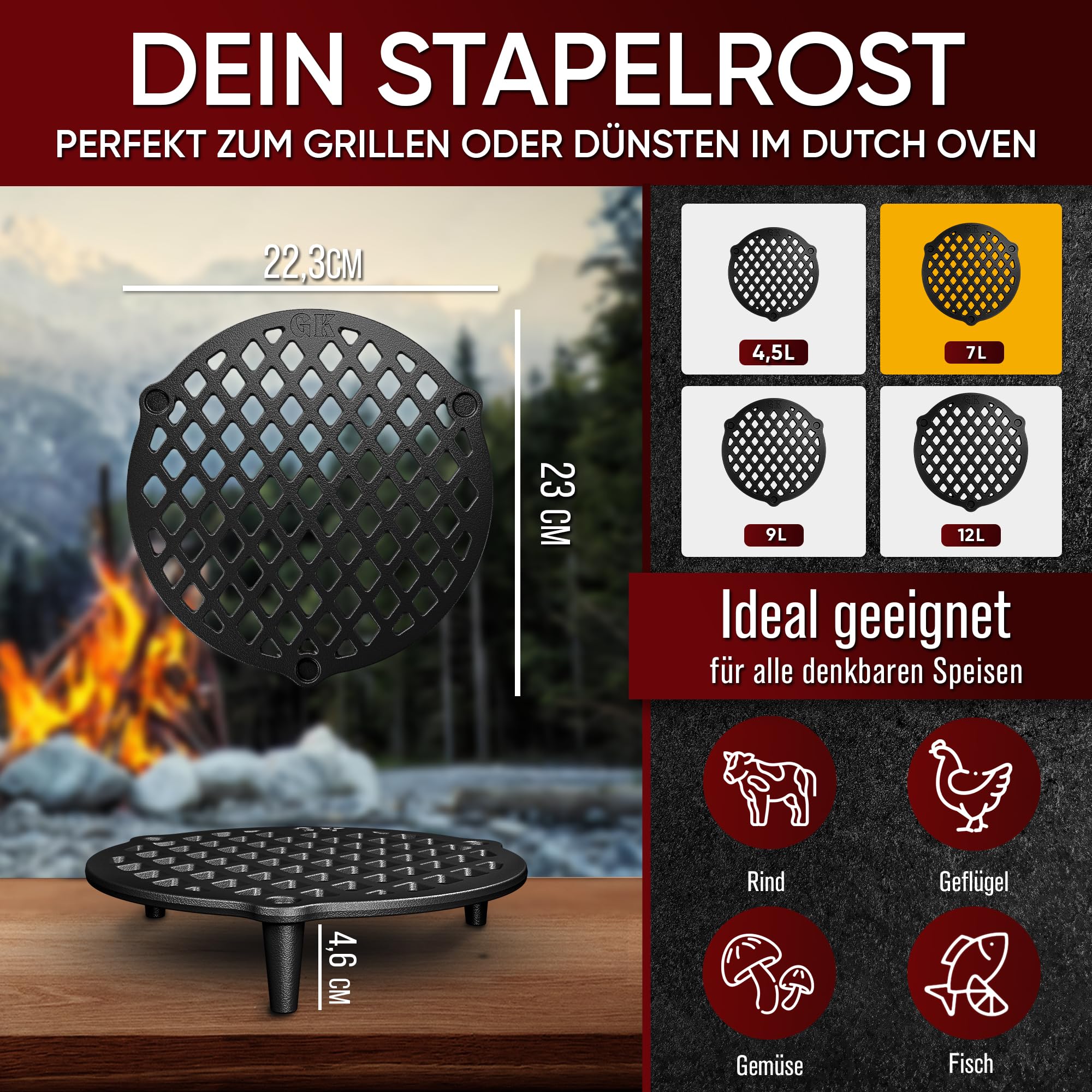 GUSSKÖNIG Gusseisen Stapelrost für 7 Liter Dutch Oven [Ø 22cm] - Einsatz für DutchOven - Staple Grate - Grillrost Dreibein Gusseisen DutchOven Untersetzer - Dutch Oven Zubehör