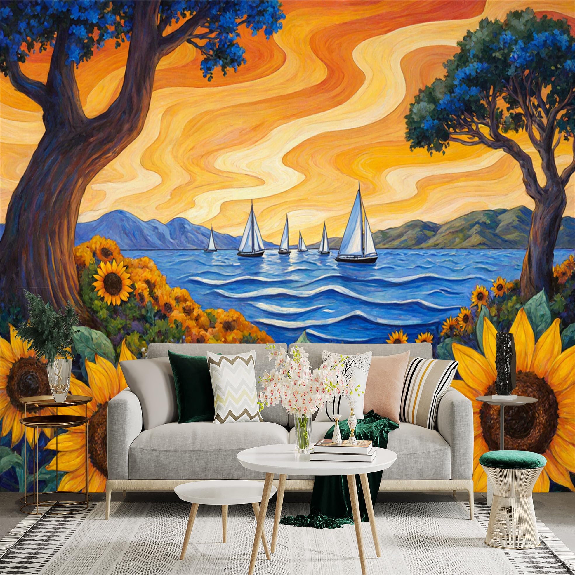 Custom Size Wall Sticker Mural， Impressionist Seascape with Sailing Boats， Vibrant Sunflowers， Golden Sunset Sky， for wall Decoration， peelandstick wall Decals.