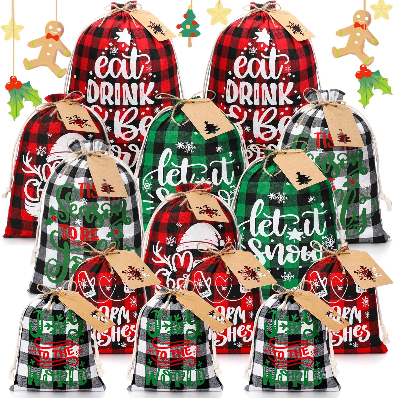 Paterr 15 Set Christmas Drawstring Gift Bags with Tags Christmas Goody Bags Assorted Sizes Bulk Kraft Paper Tags Fabric Gift Drawstring for Xmas Presents Party Favors