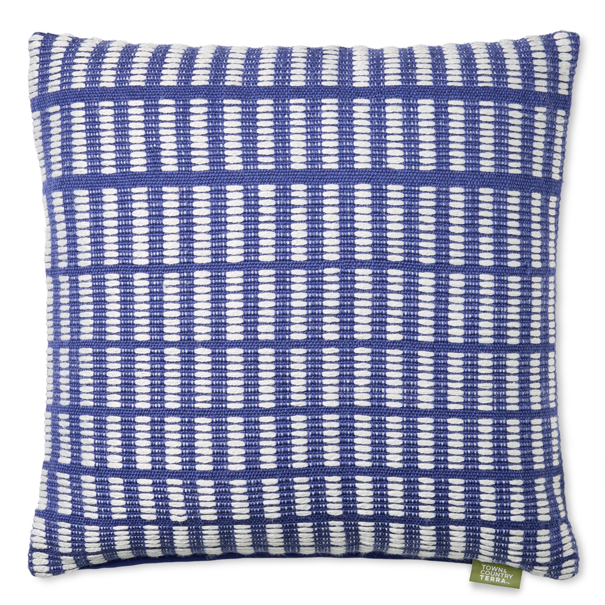 town & country terra alara textured geo stripe handcrafted indoor outdoor decorative pillow, 100% recycled materials, uv fade resistant, water repellent, blue/ivory, 20"x20"