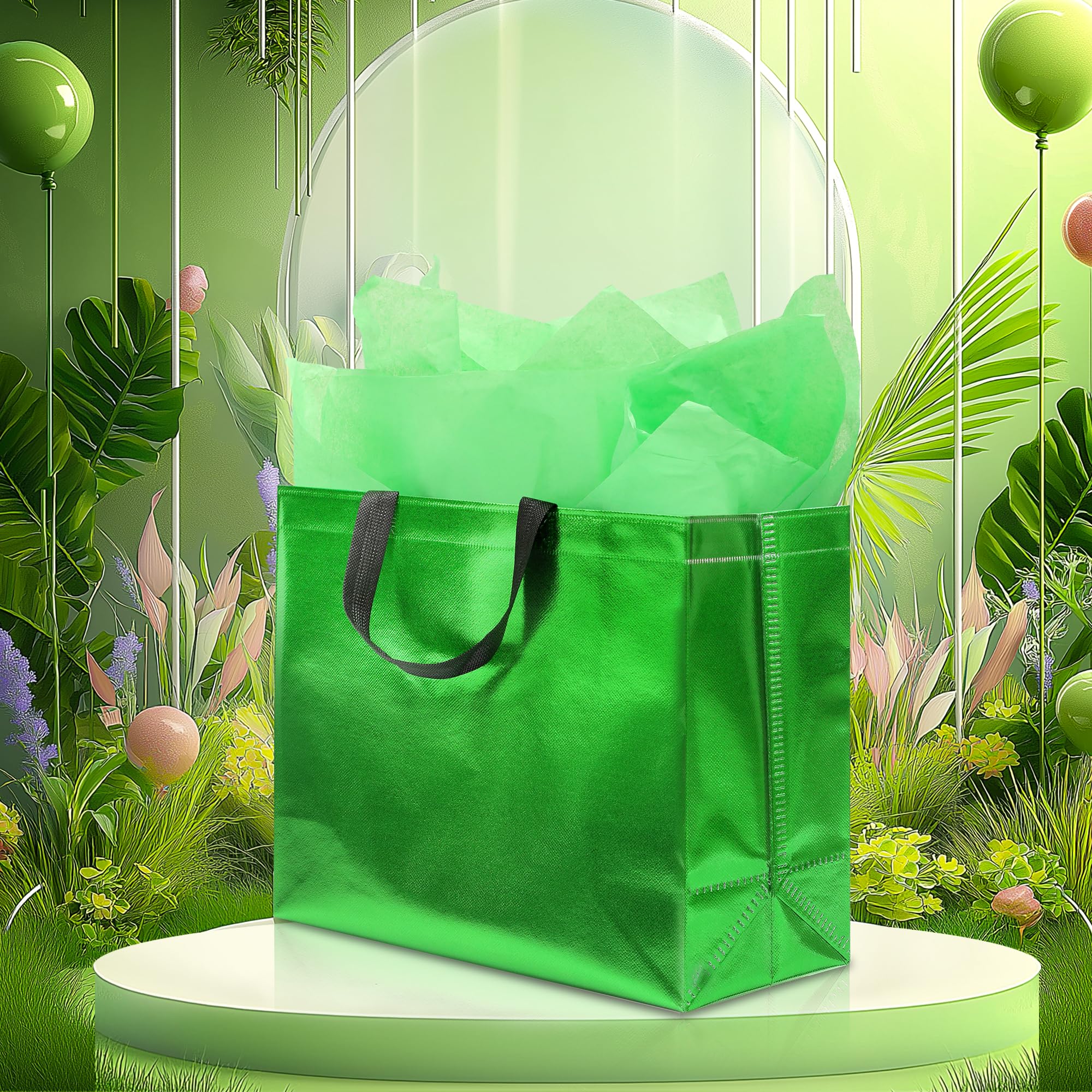 KeerxunBag 12Pcs Reusable Gift Bags（Includes Tissue Paper） Gift bag with handle Birthdays Parties Holidays Weddings Medium 13x5x11in Green Gift Bags