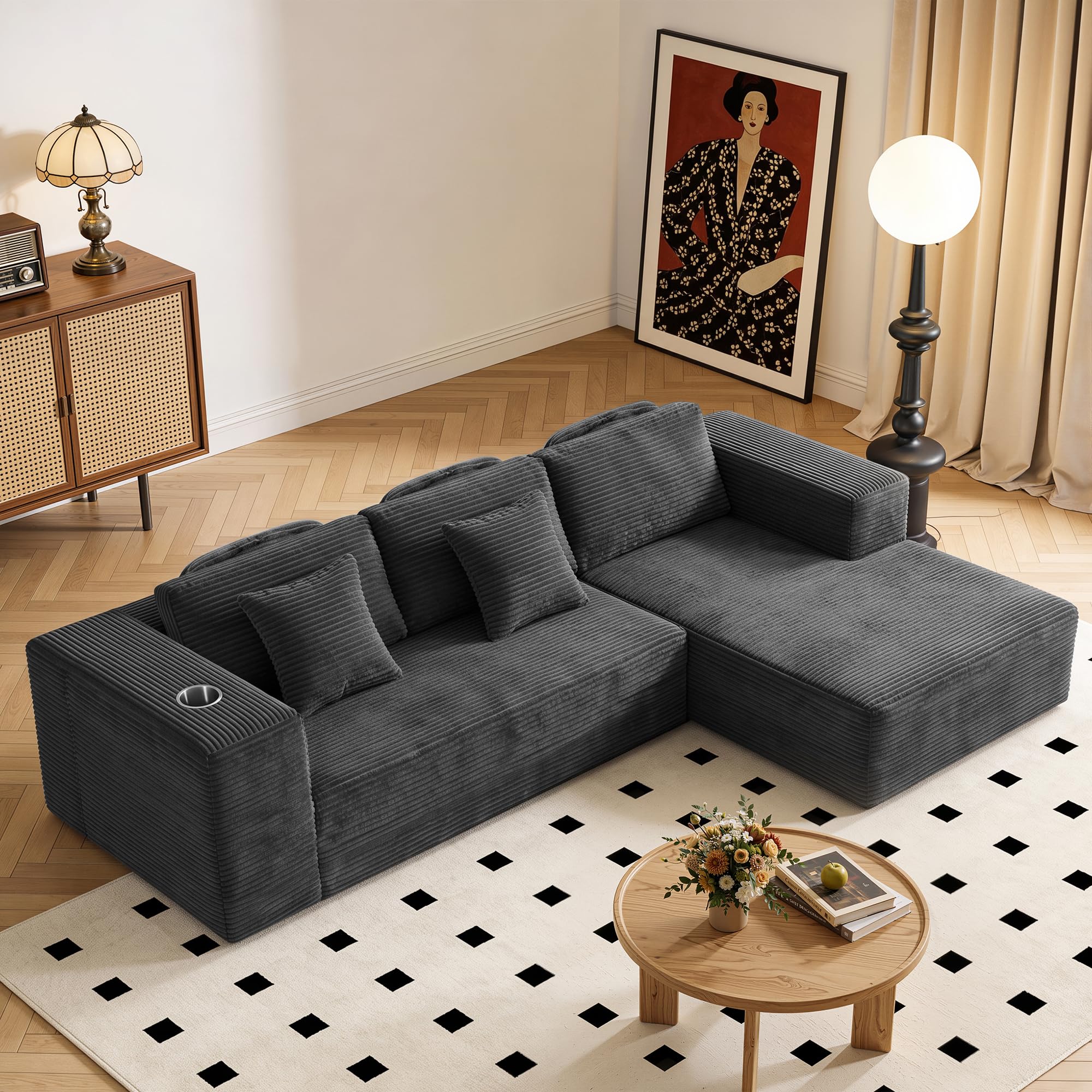 BonVache Ecksofa mit Schlaffunktion, 3-Sitzer Sofa mit Tassenhalter und Seitenfach, Cord Cloud Couch mit Nackenkissen, Tiefer Sitzfläche, L-Form Boneless Couch für Wohnzimmer, Grau