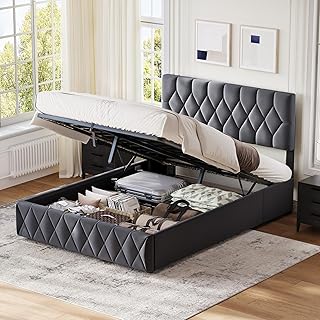 Besbed Ottoman Double Bed Frame, 4ft6 Upholstered Storage Bed with Slats and Headboard, Velvet Fabric,Without Mattress (Grey, 135 x 190 cm)