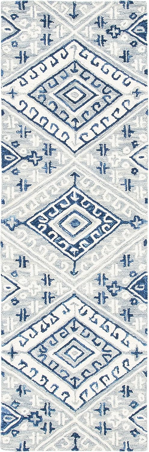 SAFAVIEH Aspen Collection Runner Rug - 2'3" x 7', Grey & Navy, Handmade Boho Wool, Ideal for High Traffic Areas in Living Room, Bedroom (APN826F)