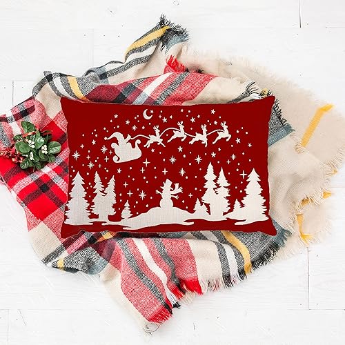 Miniatura 4 de PSDWETS Fundas de almohada lumbar de Navidad, 12 x 20 pulgadas, decoraciones navideñas de Papá Noel y muñeco de nieve, funda de almohada roja para
