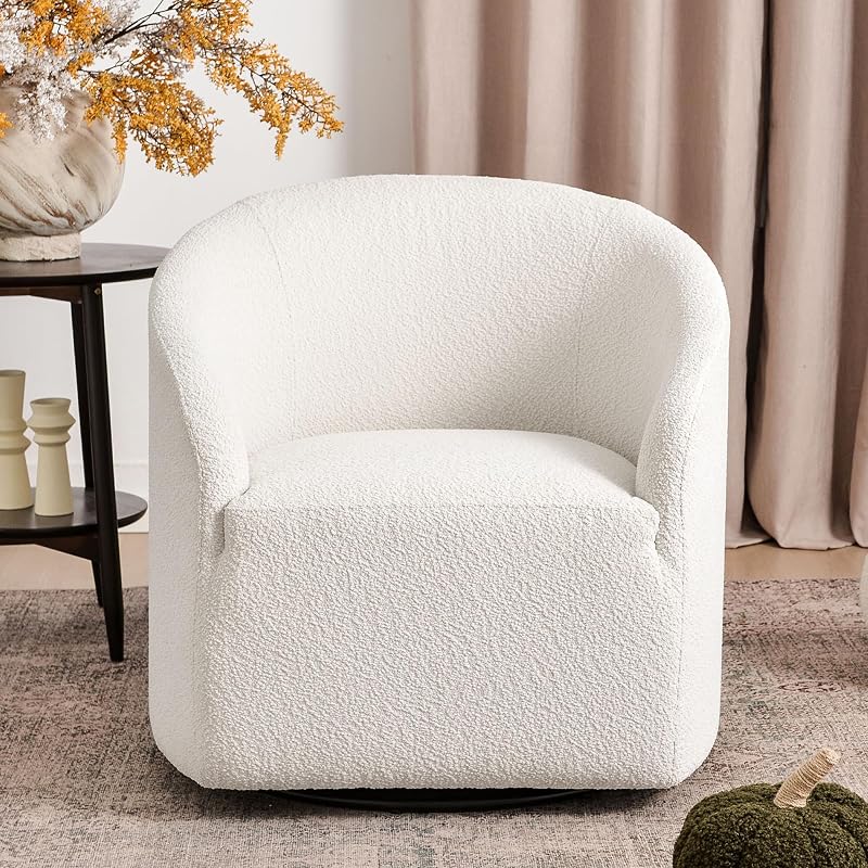 KINWELL 32in White Boucle Swivel Barrel Chair — $370