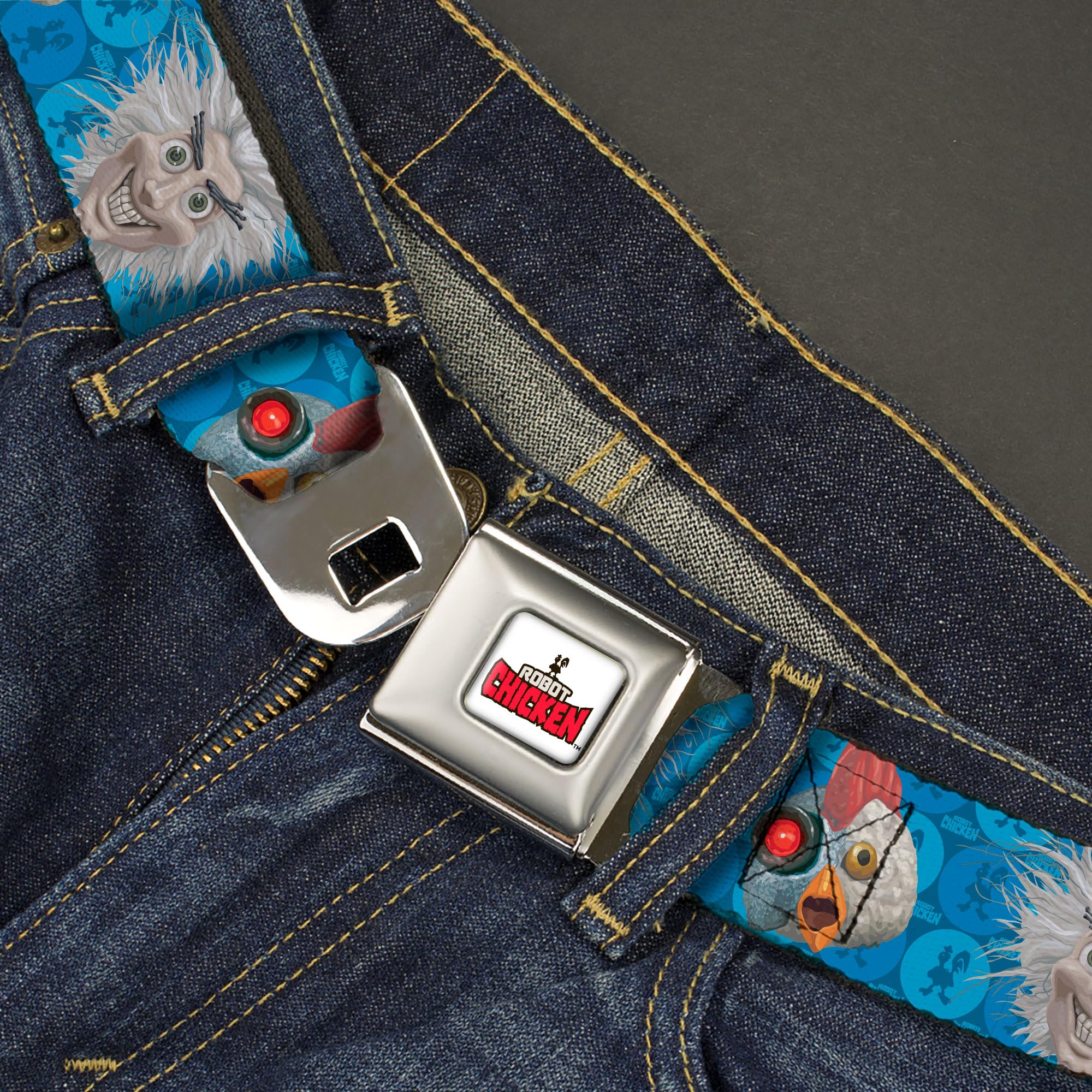 Warner Bros. Animation Belt, Seatbelt Buckle Belt, Robot Chicken and Mad Scientist Expressions Blues, Youth 20 to 36 Inches
