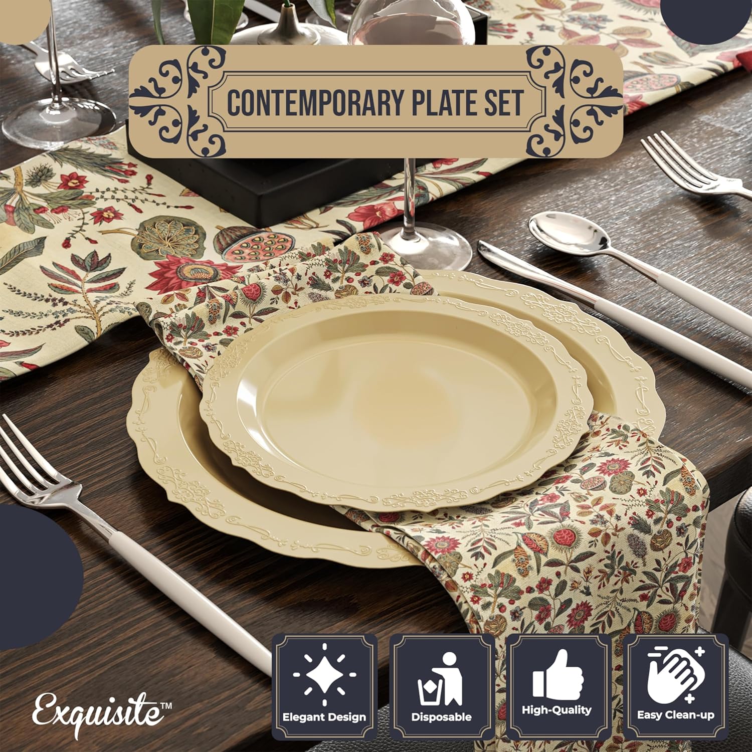 Exquisite Victorian 80-Piece Disposable Party Set - 40 Cream Dessert Plates (40 x 7.5 in) & 40 Dinner Plates (10.25 in) - Heavy Duty Plastic