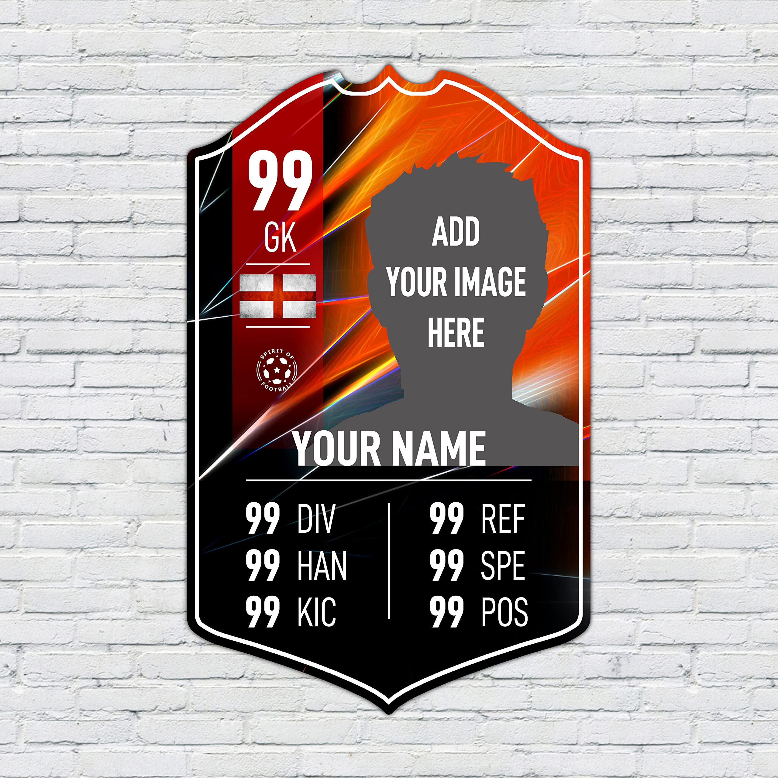 ShopQuality4U Personalised Football Cup Goalkeeper Stats Card Sign - Red Background Printed Metal Shield Sign Wall Art A4 Goalkeeper Add Name (28x17cm)