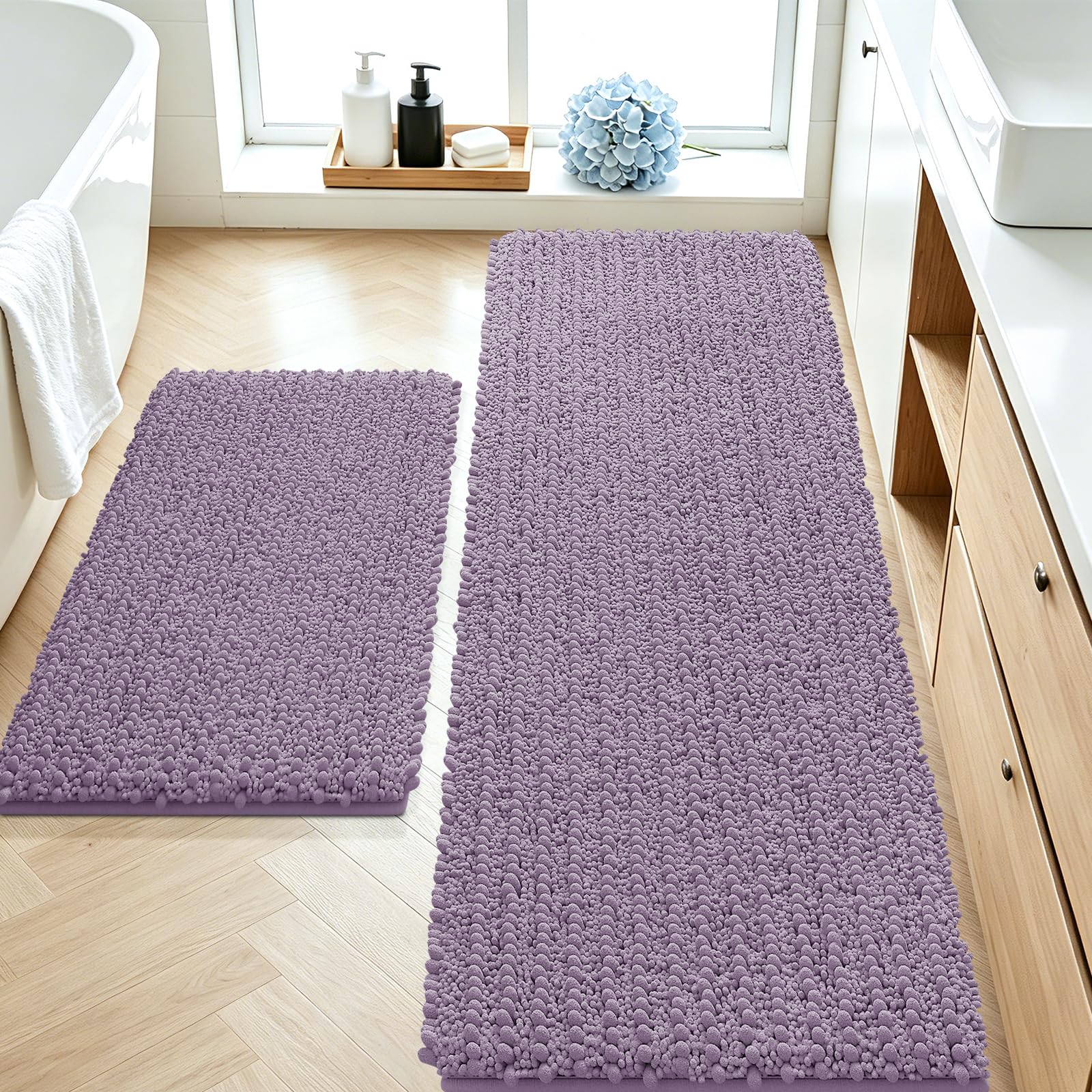ACCUMTEK Upgrade Luxury 2 Piece Lavender Toilet Bathroom Rug Mat 60"x20"+32"x20", Ultra Soft Thick Absorbent Bath Mats, Non Slip Chenille Toilet Mat for Bathroom, Bedroom, Kitchen, Shower, Tub