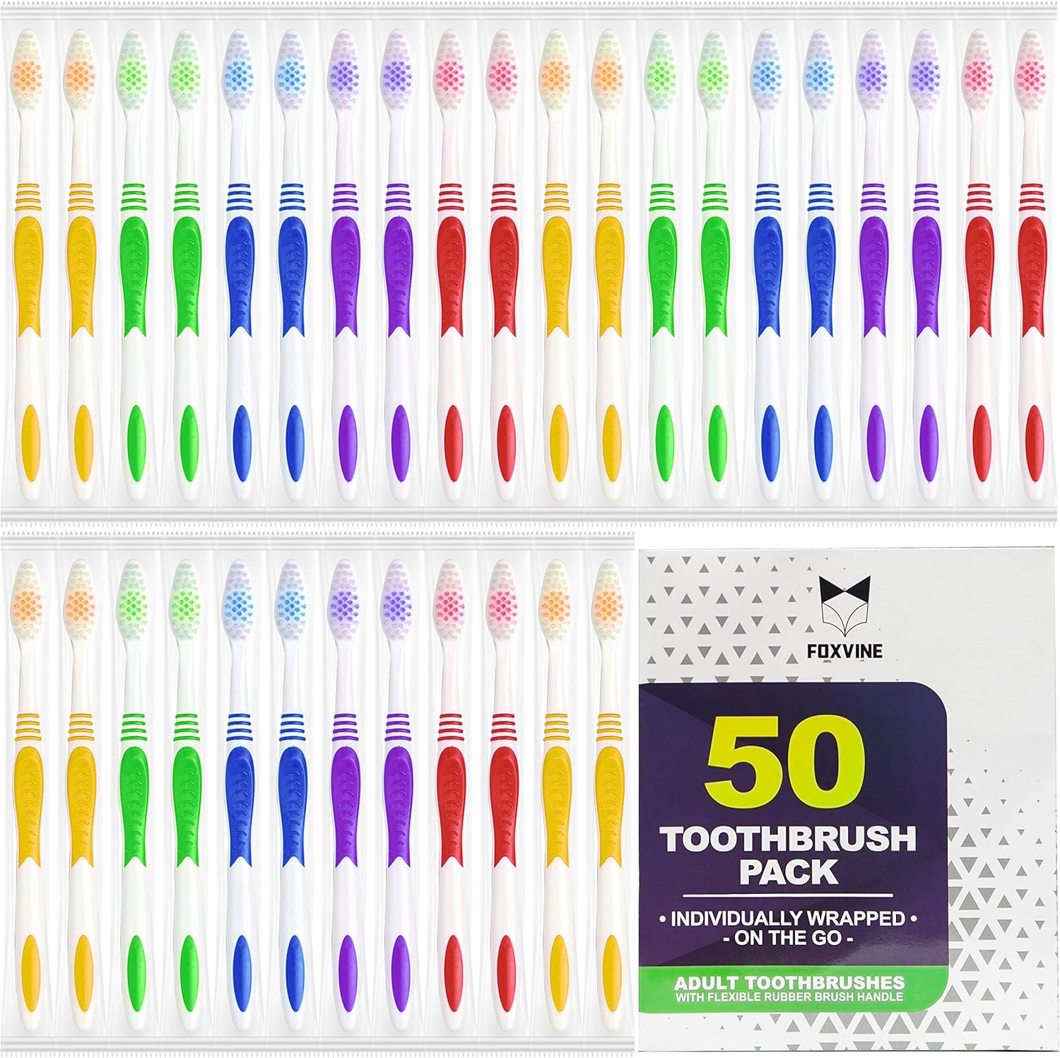 EcoFox Bulk Toothbrushes 50 Pack | Individually Wrapped Travel Toothbrush Set for Adults & Kids | Made with a Medium-Soft Large Brush Head | BPA-Free & Disposable!