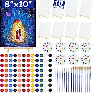 10 Pack 8x10 Inch Canvas and Easel Set, Sip and Paint Kit for Adults,Art Canvas Bulk with Easels Stands, Trays,Small Paint Brushes,12 Colors Mini Acrylic Paint Set for Couples and Party Supplies