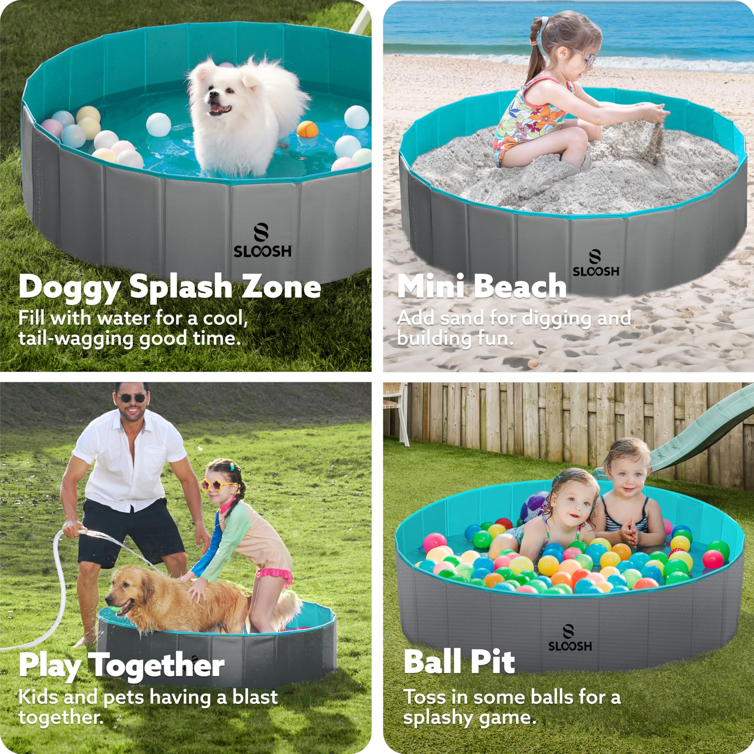 Sloosh Piscina pieghevole per cani, in plastica dura, portatile, antiscivolo, pieghevole, adatta per bambini, per uso interno ed esterno in cortile (121,9 x 30,5 cm, grigio)