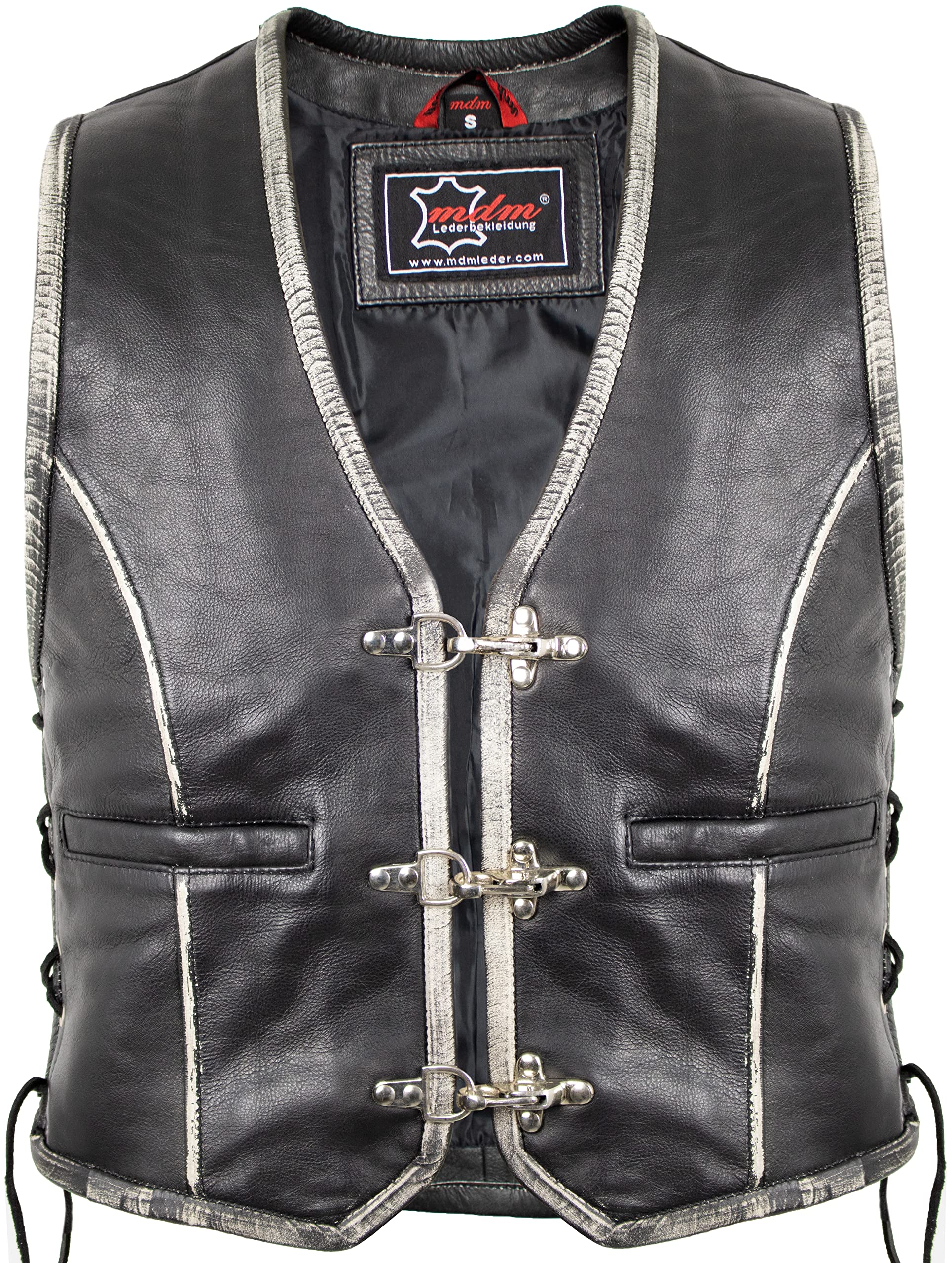 MDM Giacca Moto Uomo In Vera Pelle Nera - Giacca Pelle Uomo Senza Maniche Con Teschio Impresso Sul Retro, Chiusura A 3 Ganci, Lacci Laterali E 4 Tasche