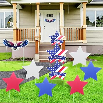 11 Pcs Independence Day Yard Signs2 Eagles+9 Stars, 4th of July Patriotic Outdoor Decorations, Memorial Day PentagramRed White Blue Garden Sign with Stakes for Fourth of July Celebration