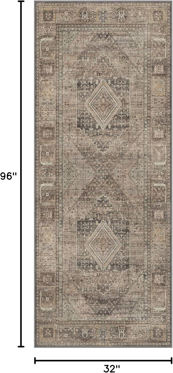 GENIMO 2'6''x8' Hallway Runner Rug, Machine Washable Boho Vintage Runners Non Slip, Printed Thin Low Pile Lightweight Chenille Carpet Runner for Entryway, Kitchen, Bathroom, Bedroom, Tan