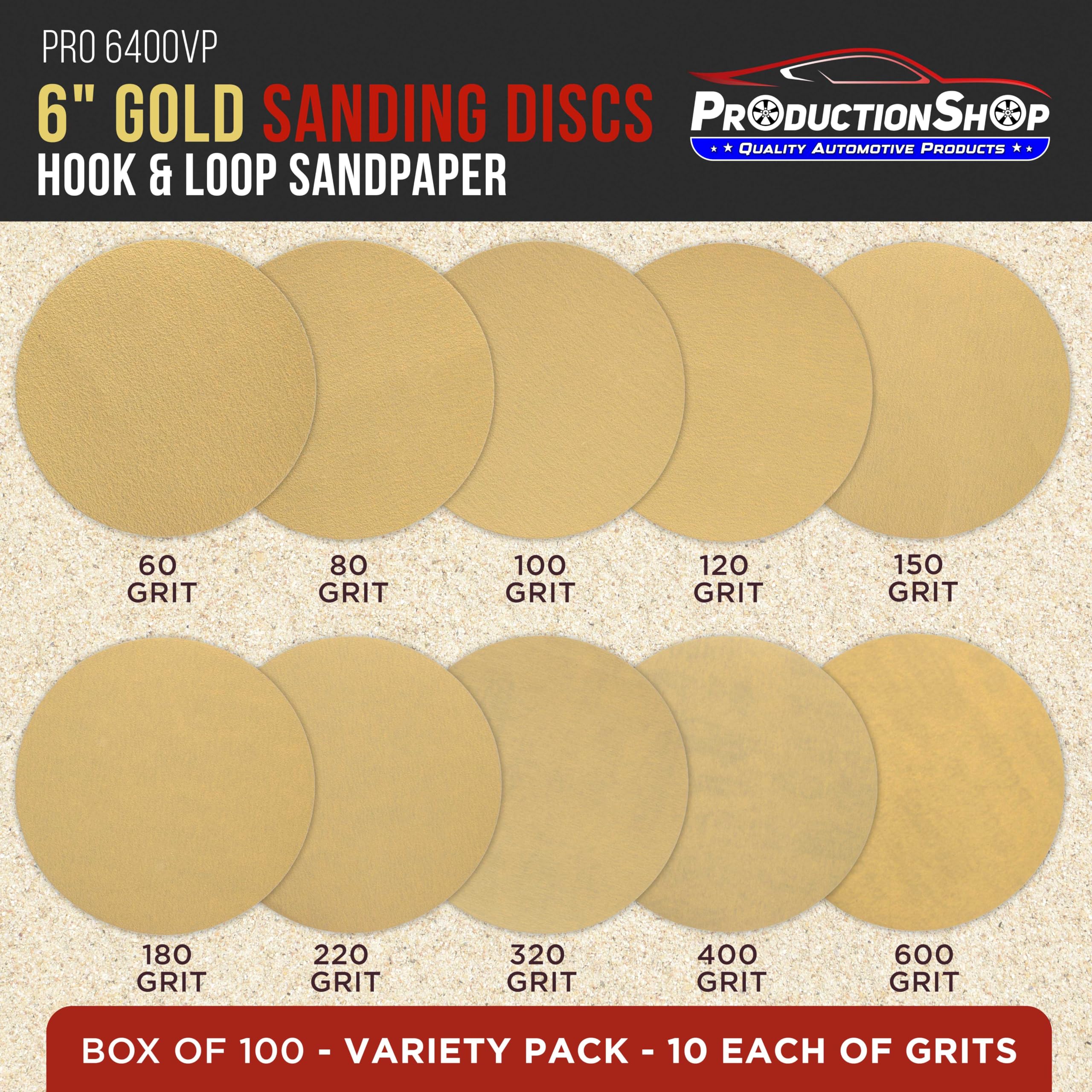 ProductionShop Discos de lijado dorados de 6 pulgadas, paquete variado de 100 discos, granos 60, 80, 100, 120, 150, 180, 220, 320, 400, 600, papel de lija de gancho y bucle, DA, lijadora orbital
