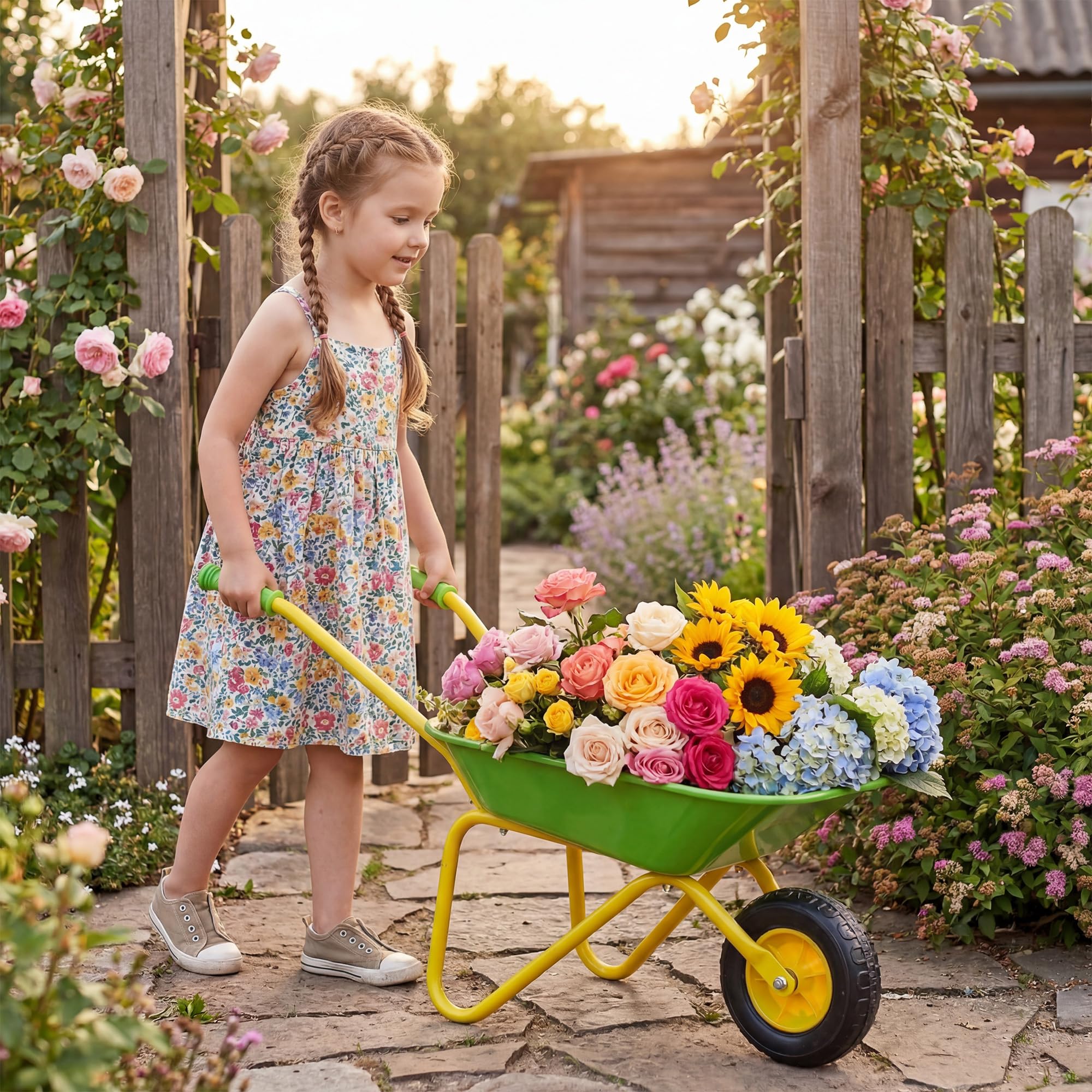 KOMFOTTEU Carretilla para Niños, Carrito de Playa Infantil con Rueda Todoterreno, Asa Antideslizante y Estructura Metálica, Carretilla de Juguete Exterior para Jardinería, Niños 3+ Años