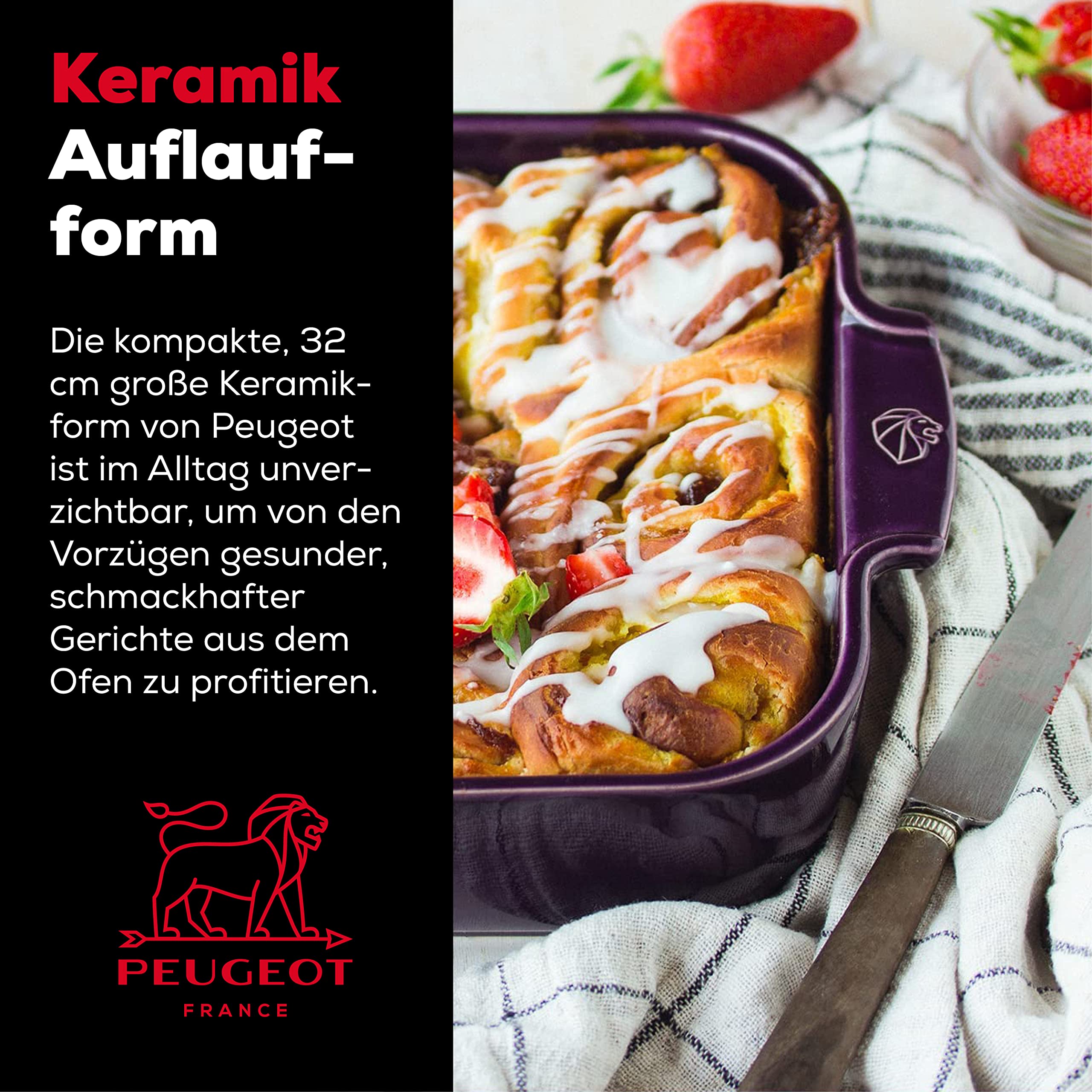 PEUGEOT - Rechteckige Auflaufform aus Keramik - 32 cm x 21,7 cm x 7,2 cm - Fassungsvermögen: 2,7 L - 10 Jahre Garantie - Auberginefarben