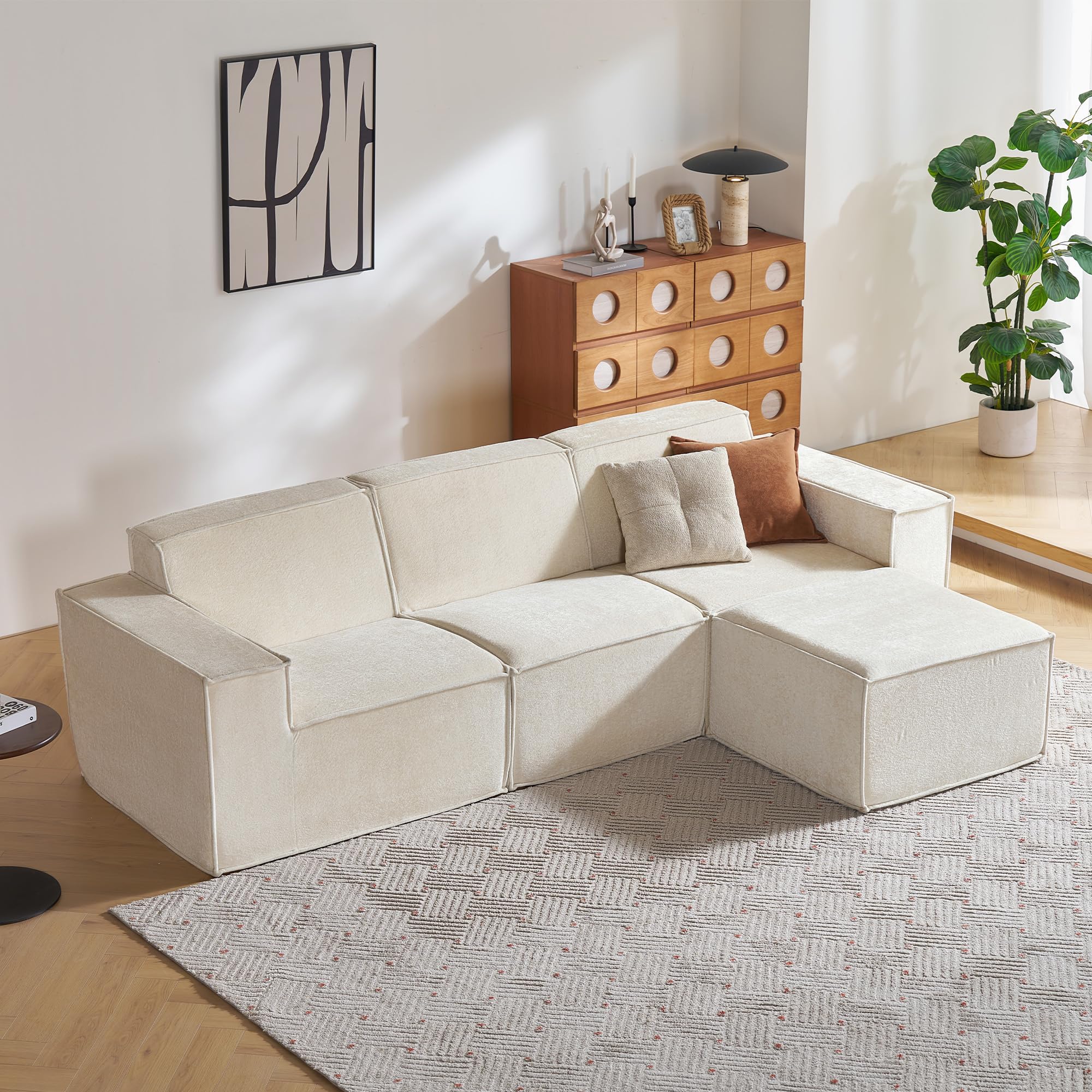 LINSY HOME Ecksofa mit Schlaffunktion - 266cm Modulares Schlafsofa, L Form Couch, Sektionssofas für Wohnzimmer, Keine Montage erforderlich (Chenille, Beige, 3 Sitze mit Ottomane)
