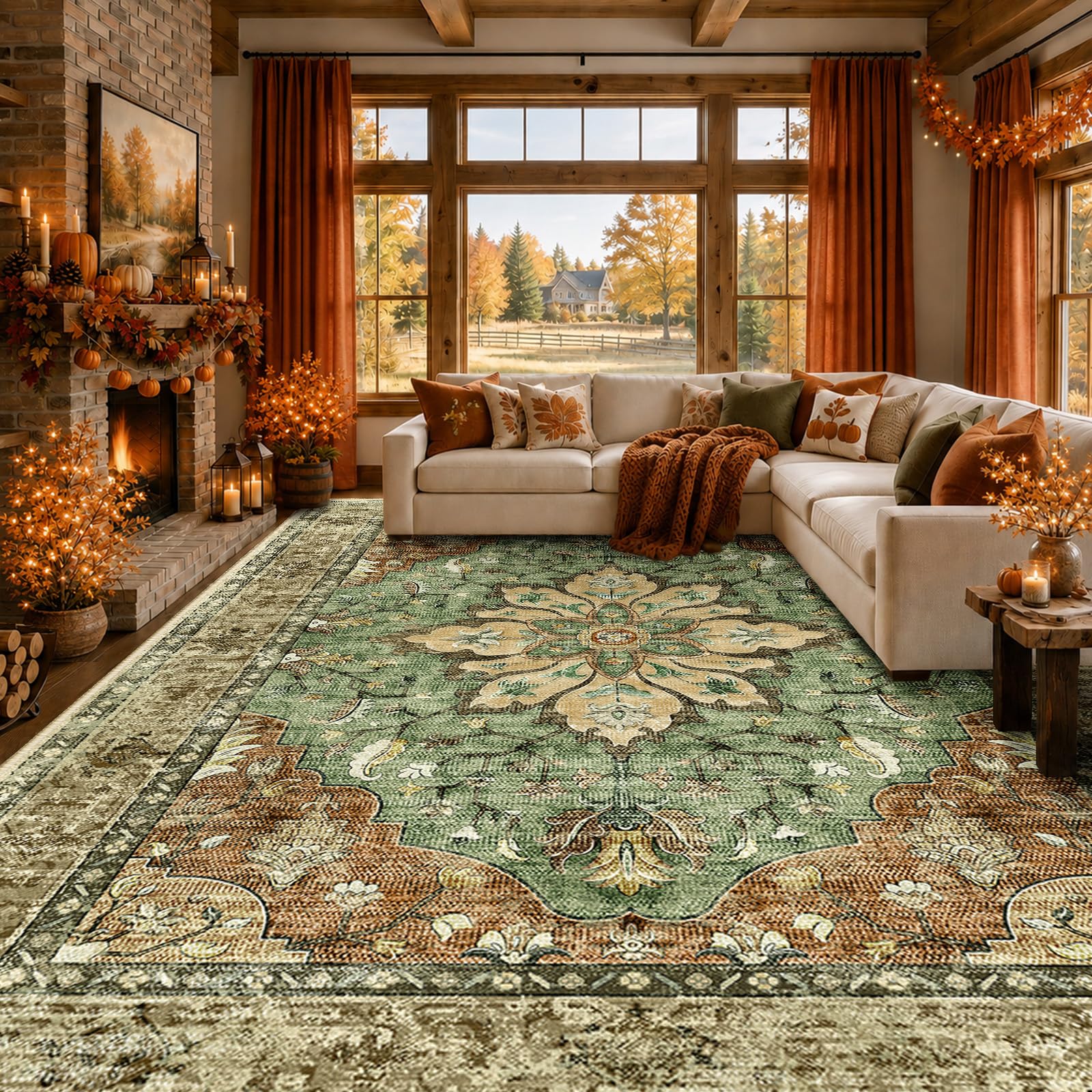 How to Cover Carpet in a Rental 1 RELEANY Washable Area Rug 8'x10' Brick/Brown/Green — product photo