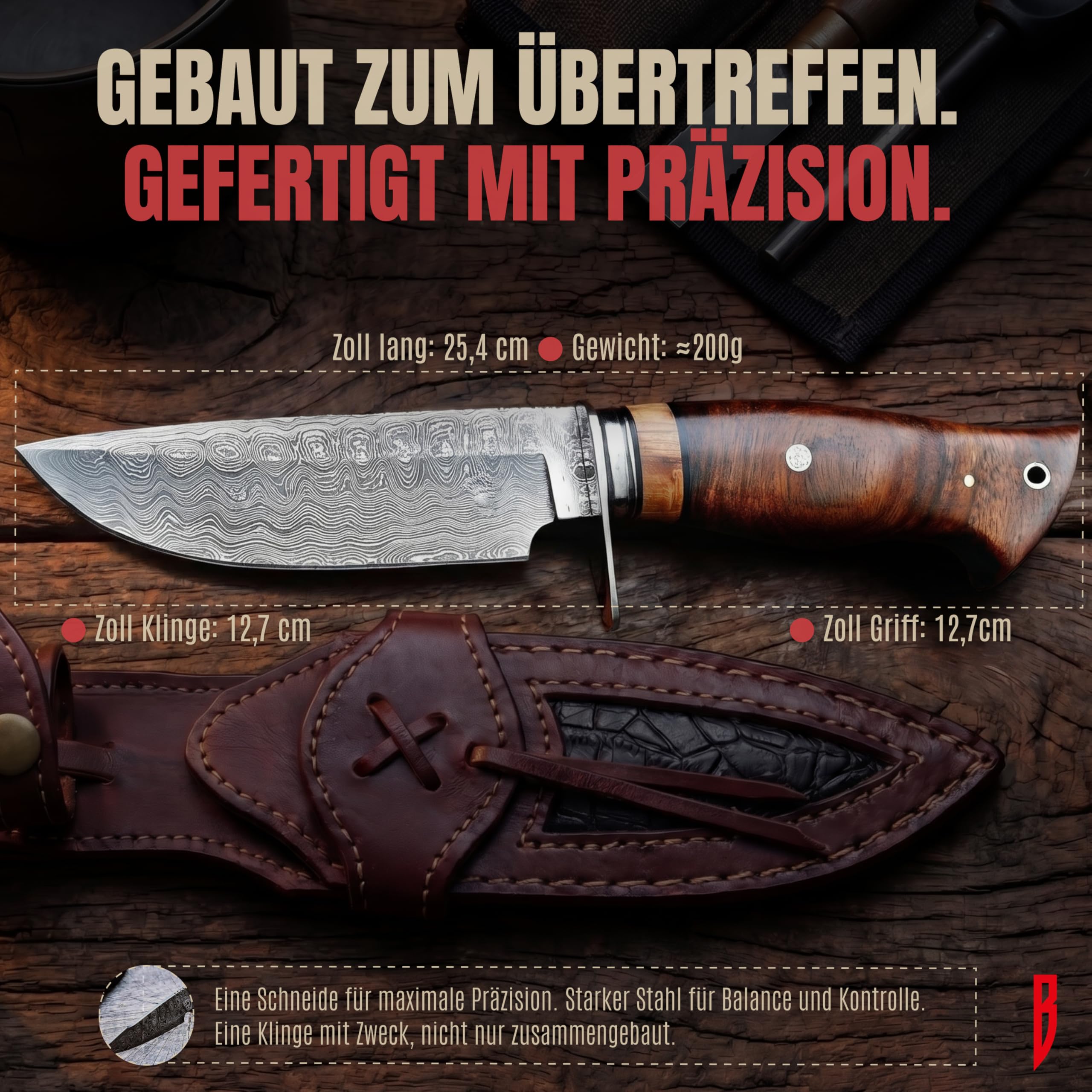 BIGCAT ROAR Wild Tiger Damaststahl Messer 10 Zoll - Full Tang - Walnussholzgriff & Lederscheide - Outdoor Camping Survival Bushcraft