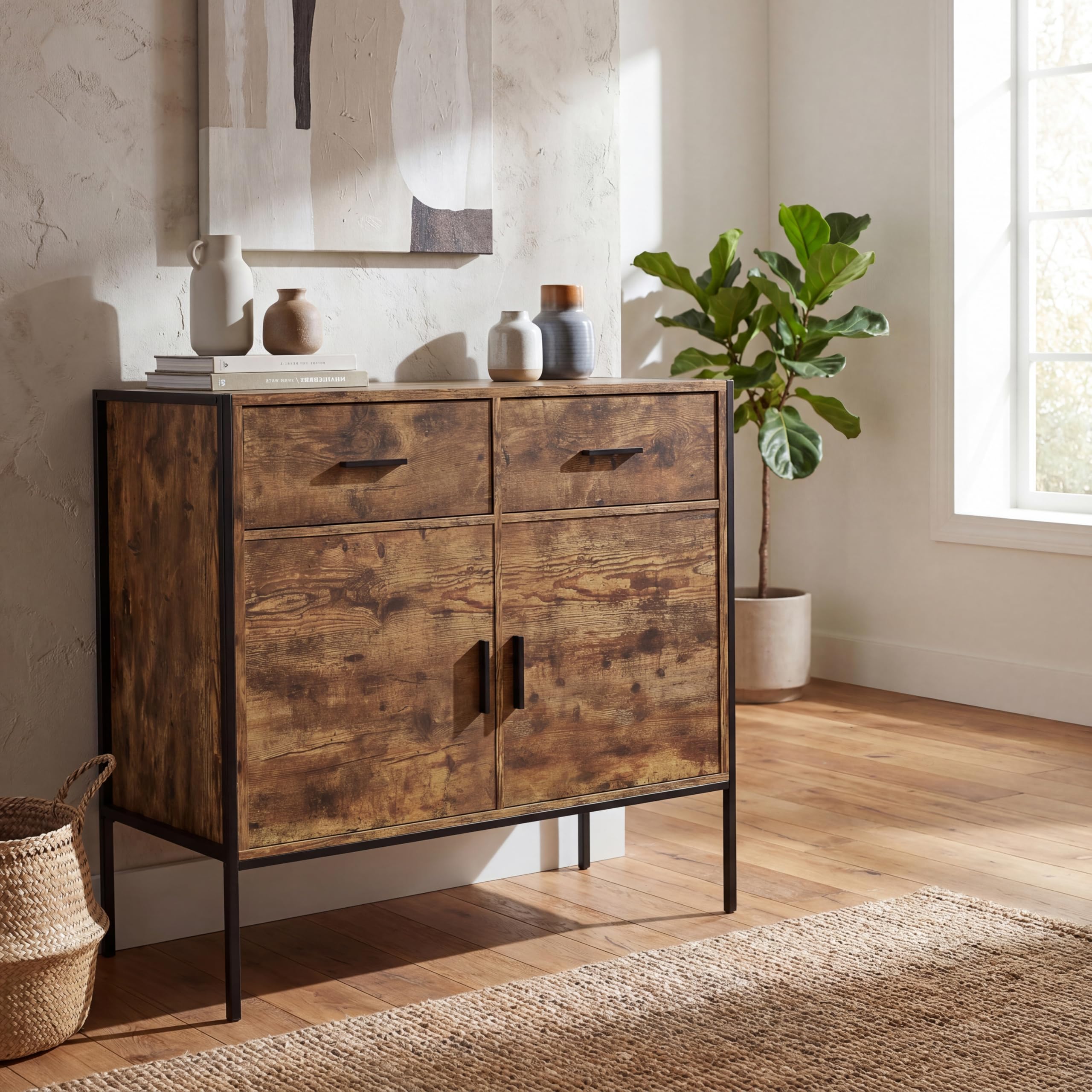 Vida Designs Brooklyn 2 Door 2 Drawer Sideboard Industrial Rustic Cabinet, Living Room Furniture (Dark Wood)
