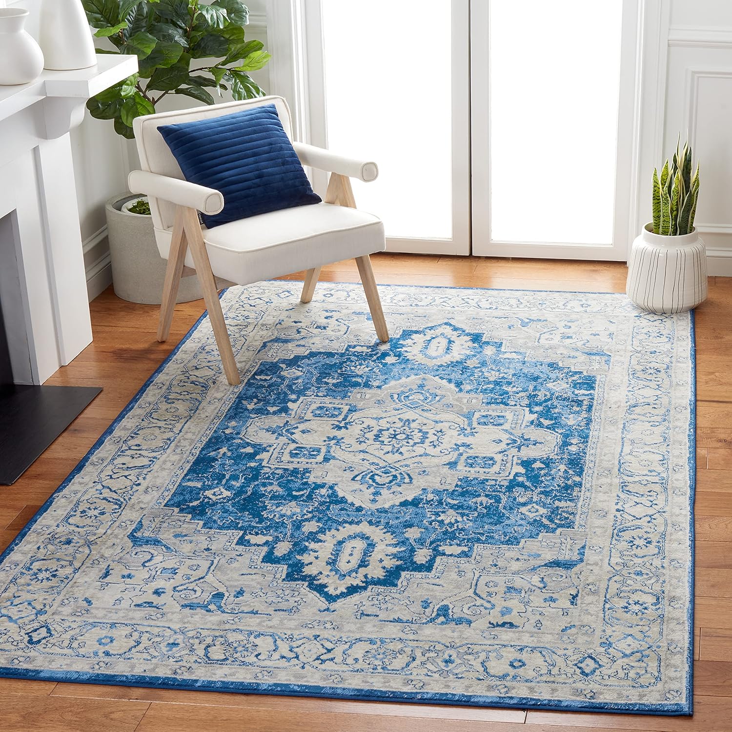 SAFAVIEH Brentwood Collection X-Large Area Rug - 12' x 15', Light Grey & Blue, Medallion Distressed Design, Non-Shedding & Easy Care, Ideal for High Traffic Areas in Living Room, Bedroom (BNT851G)