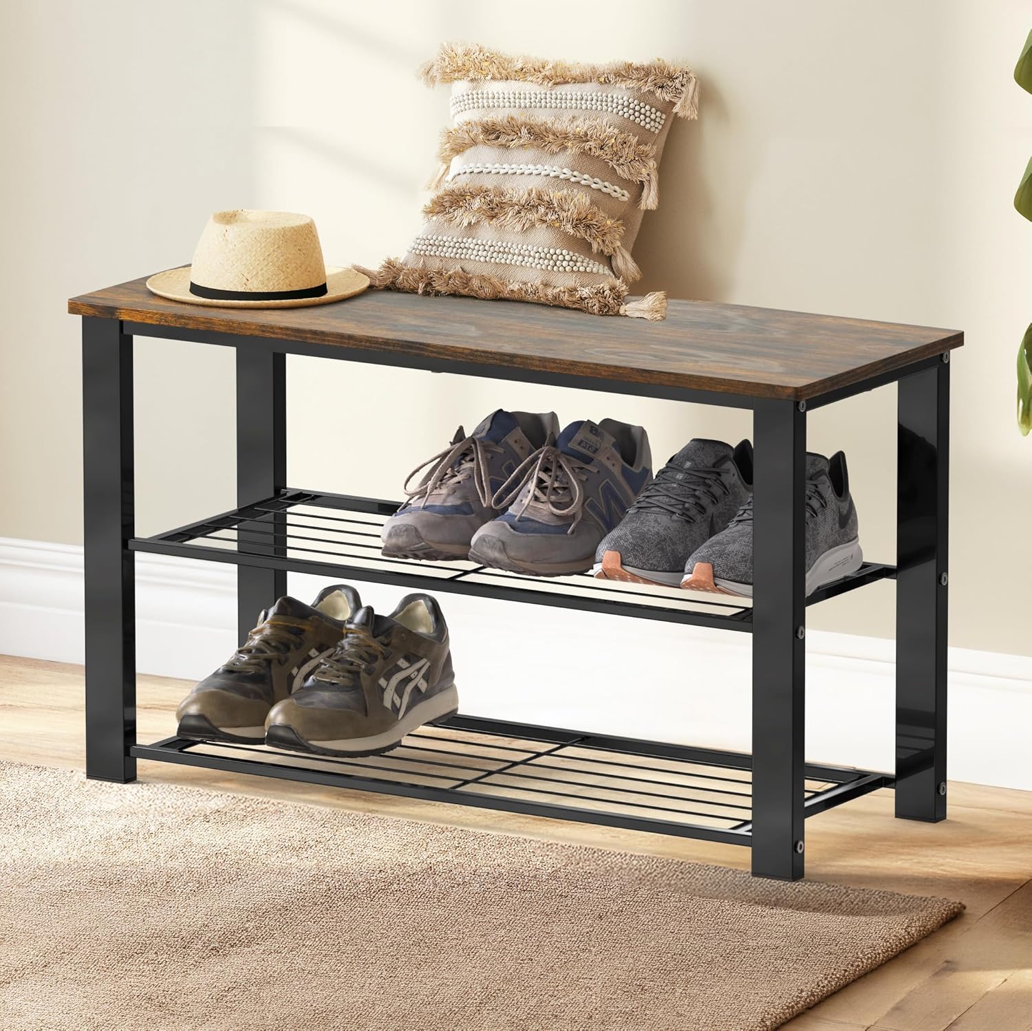 Simple Houseware Wood Top Shoe Storage Bench for Entryway, Rustic Brown