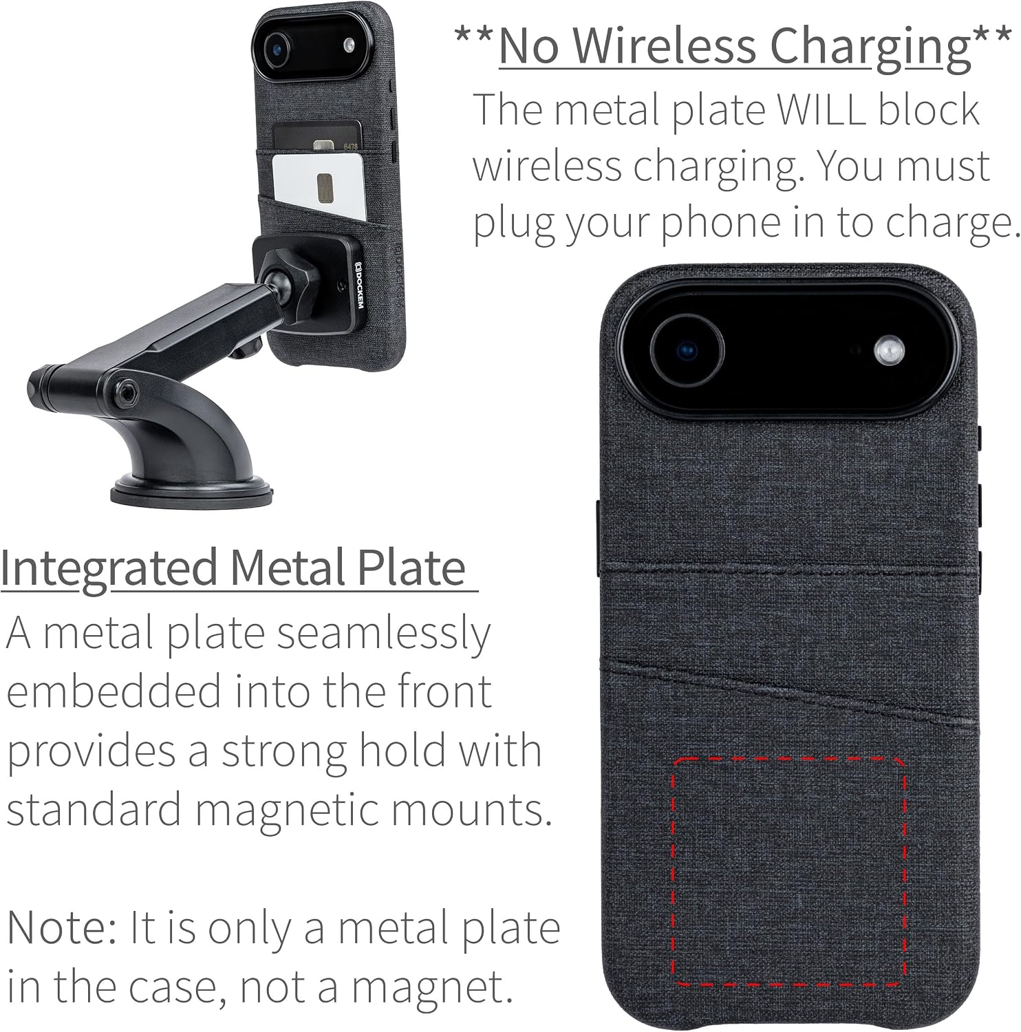 Dockem Card Case for iPhone 17 Air with Magnetic Mounting Plate, Camera Control Button, Wallet with 2 Holder Slots: M2 Luxe Canvas-Style Synthetic Leather (Charcoal Black)