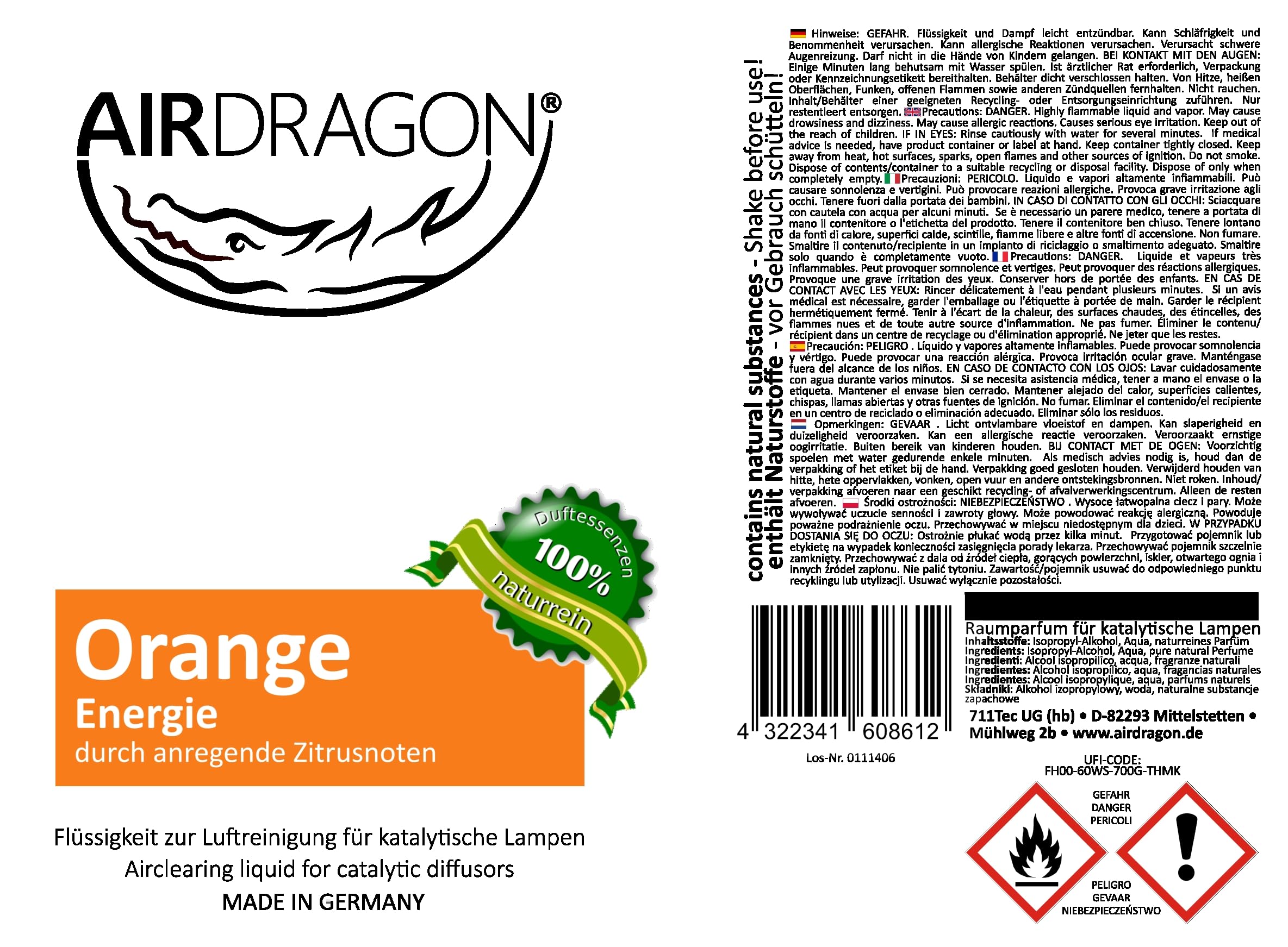 AIRDRAGON® Duft-Set - NEUTRAL + ORANGE - 2 x 1 Liter - katalytischer Raumduft ohne künstliche Duftstoffe - 100% naturreines ätherisches Öl - für jede katalytische Lampe - Made in Germany