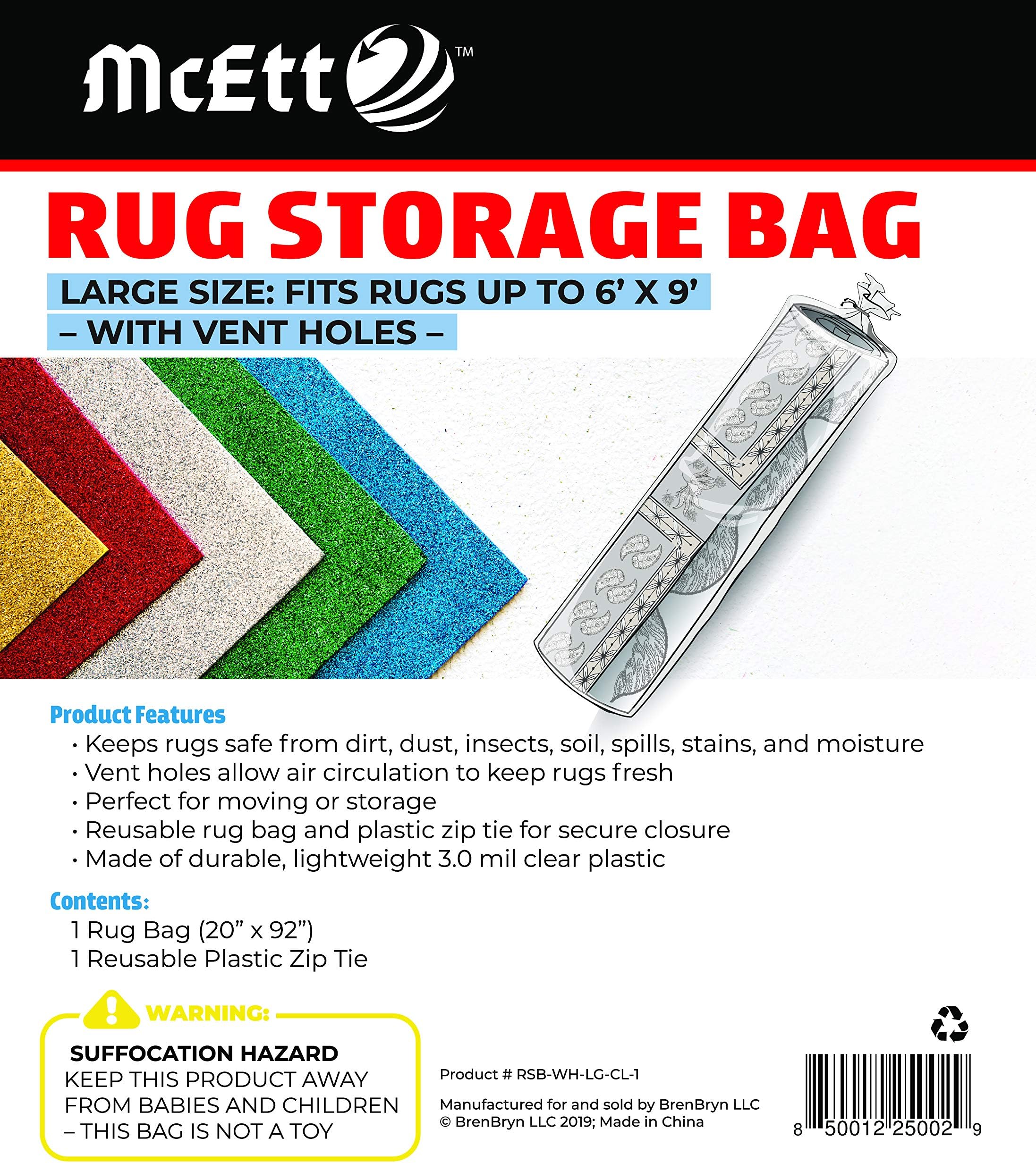 Rug Storage Bag and Zip Tie - with Vent Holes - Large Size Fits Rugs up to 180 x 270cm - Protects Rolled Rugs for Moving or Storage