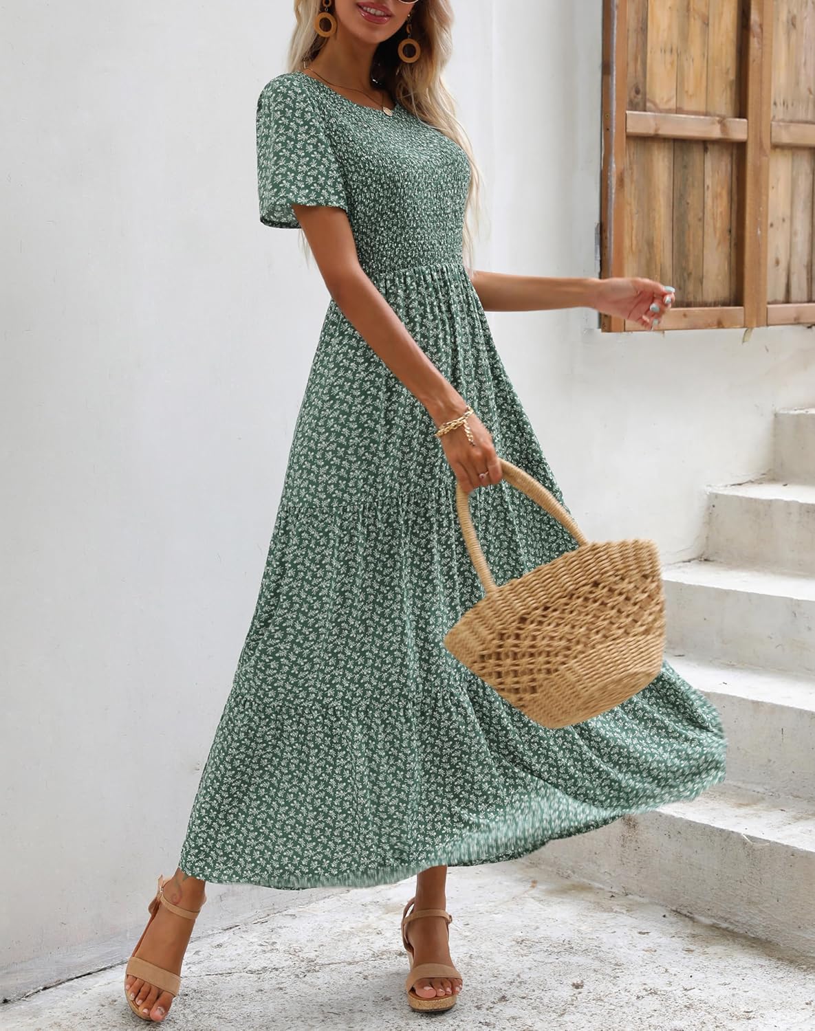 Maggeer Womens 2026 Summer Spring Smocked Wedding Guest Maxi Dress Casual Short Sleeve Floral Boho Flowy Long Dress - Image 2