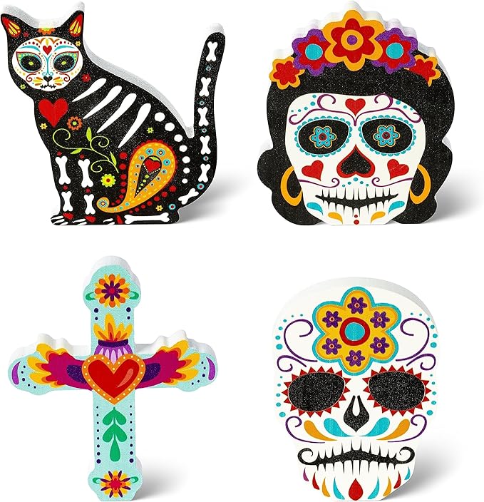 CNhoqc Sugar Skull Centerpieces - 4Pcs Day of the Dead Wooden Cat Skull Skeleton Cross Centerpieces, Mexican Día De Los Muertos Table Topper Signs, Wooden Decors for Desk Festival Party Favor Supplies