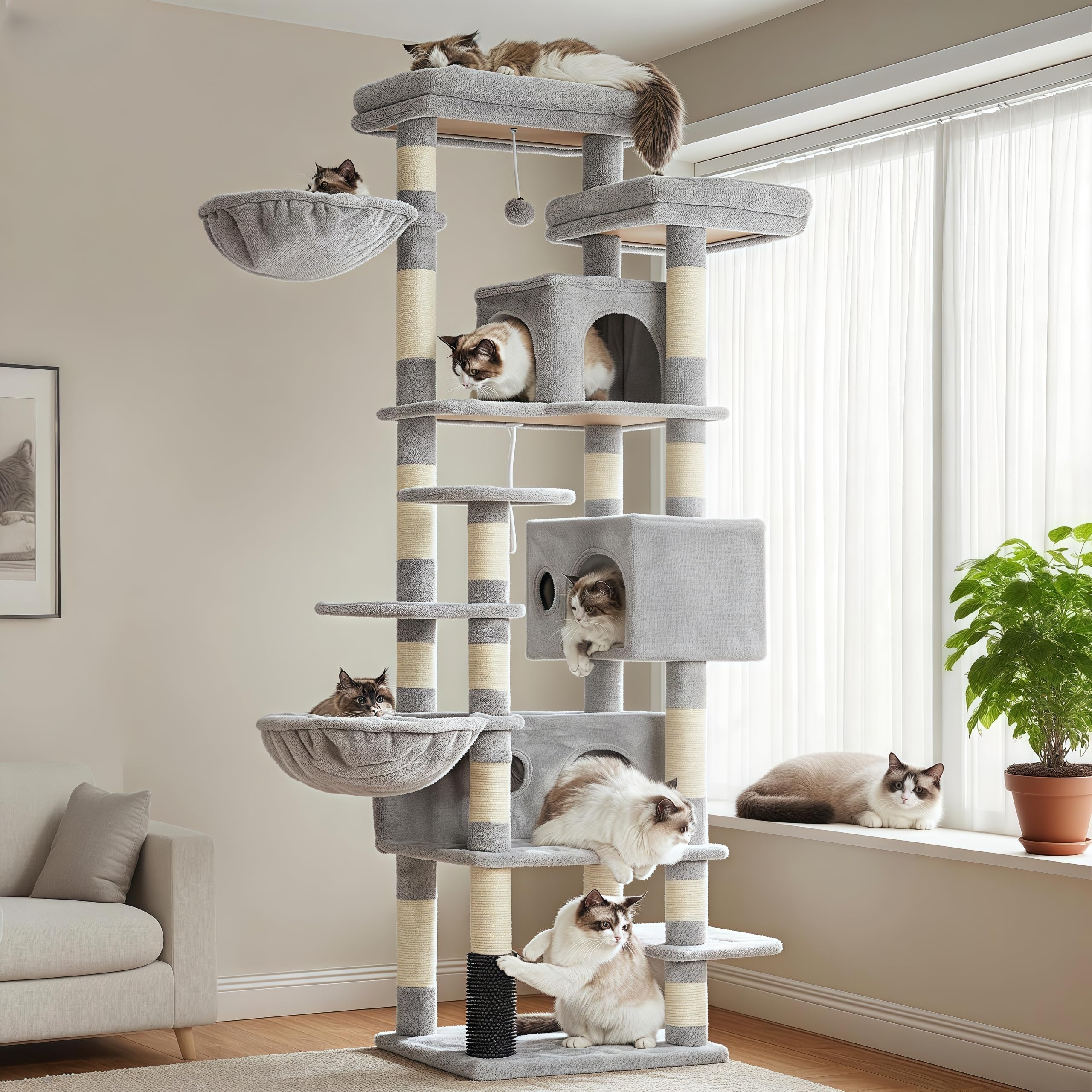 Hey-brother Kratzbaum, 188 cm Katzenbaum, XXL Kletterbaum mit 2 groß Plattform, 3 Höhlen, 2 Korb, Plüschbälle und Sisal Kratzbäume, mehrstöckiger Katzenkratzbaum