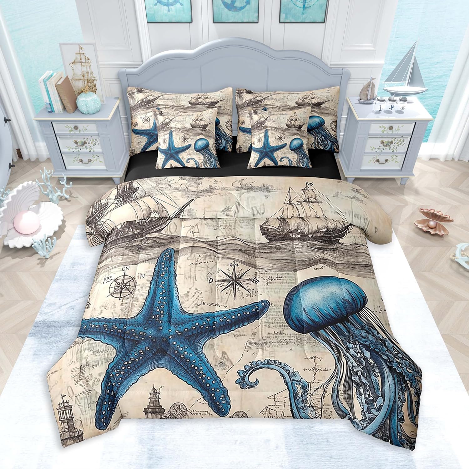 Feelyou Nautical Coastal Comforter Set 7 Pieces Queen Size Starfish Seashell Bedding Set for Boys Girls Sea Ocean Bed in a Bag with Comforter, Sheets, Pillowcases & Cushion Covers