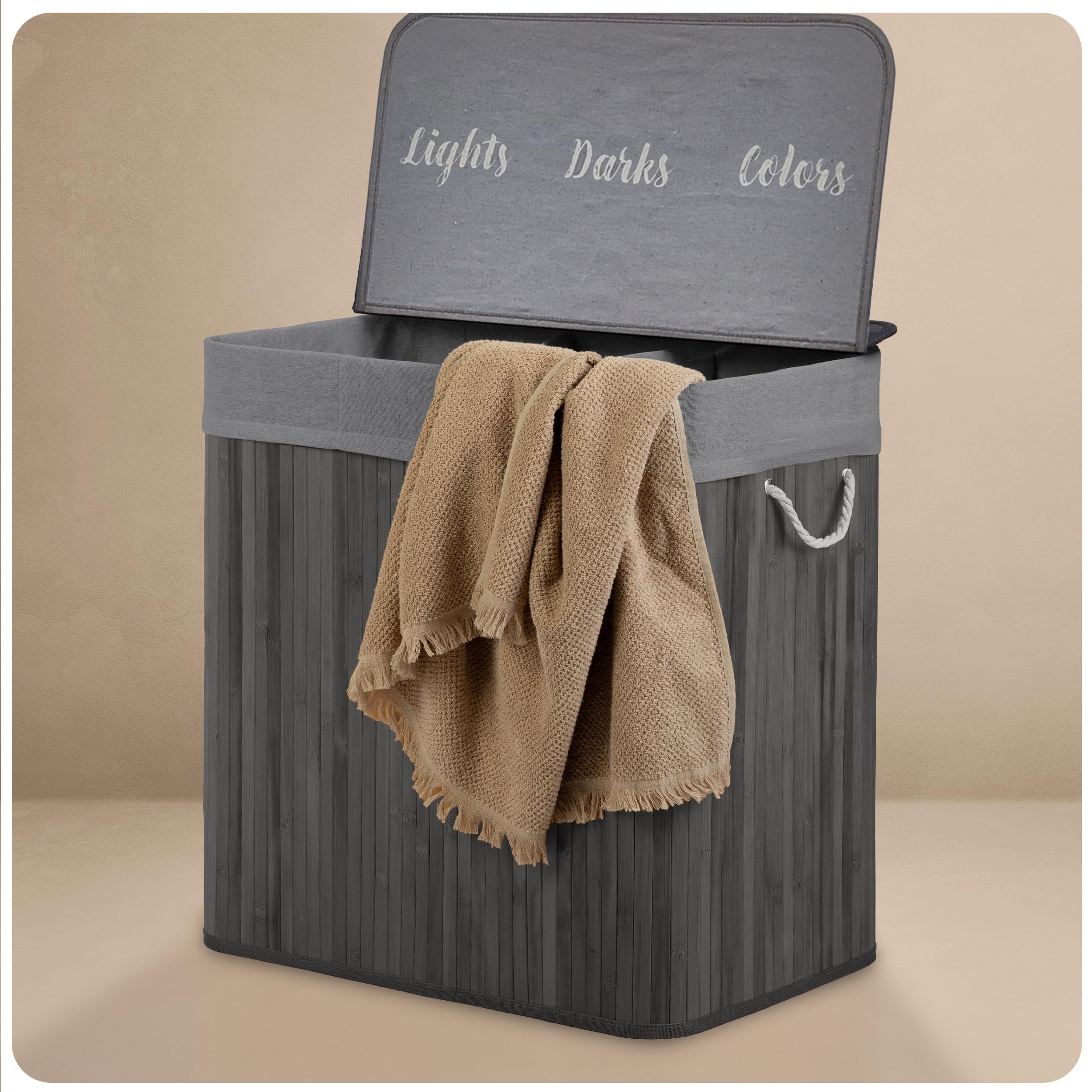 Wäschekorb 3 Fächer 150 L - mit Deckel und Wäschesack - Wäschesammler aus Bambus - Wäschesortierer - Grau - 61 x 62 x 42 cm