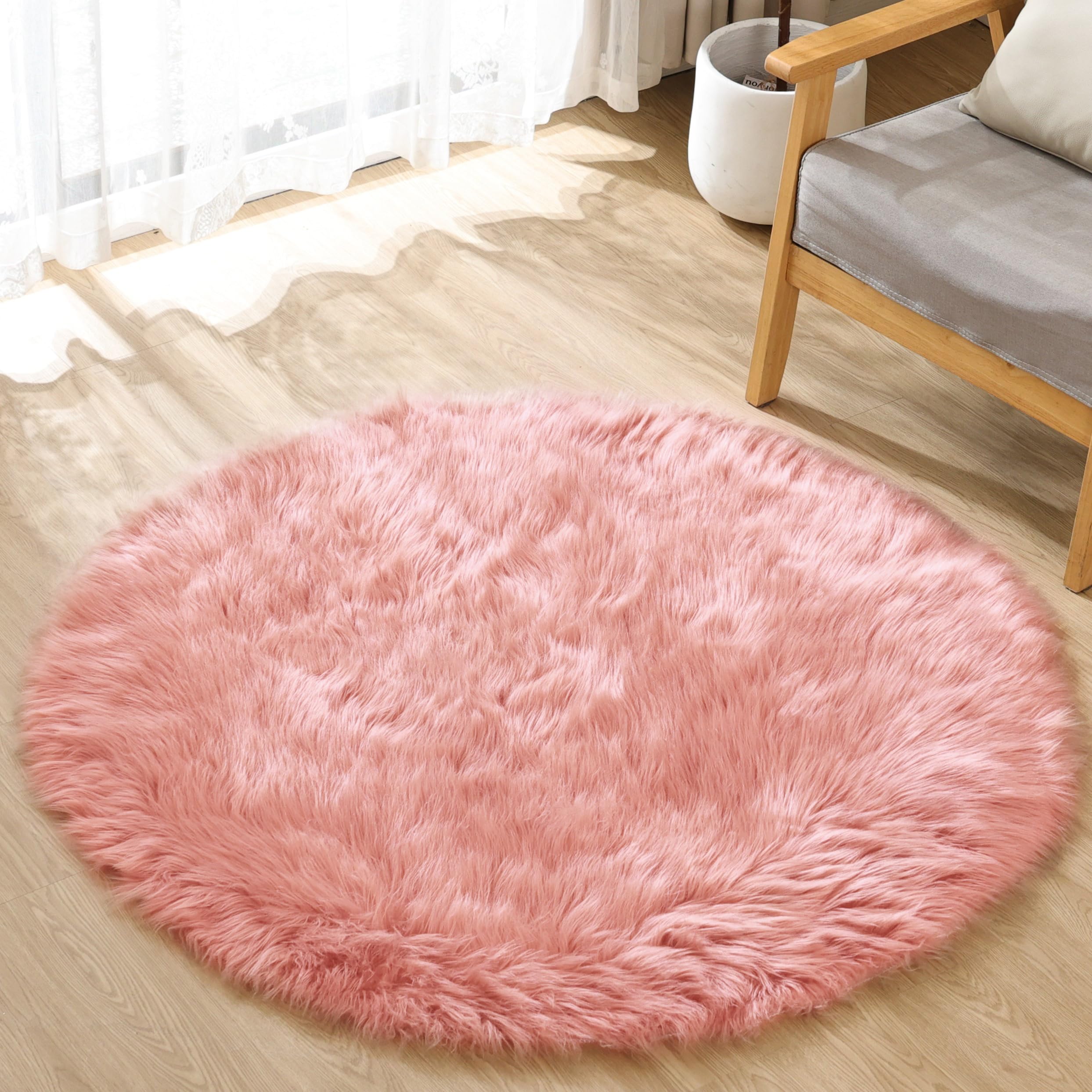 ORINOVA Runder Teppich Rosa Kunstfell Flauschig 120 cm Fellteppich Schlafzimmer Weich Kuschelteppich Wohnzimmer Bettvorleger Waschbar