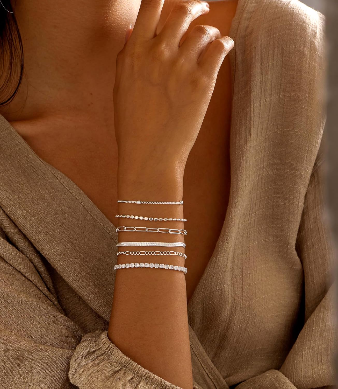 DEARMAY Dainty Silver Plated Bracelets for Women Trendy, Silver Jewelry Set for Women Bracelets for Women Paperclip Box Herringbone Figaro Rope Chain Bracelet Fashion Pack Gifts for Women - Image 4