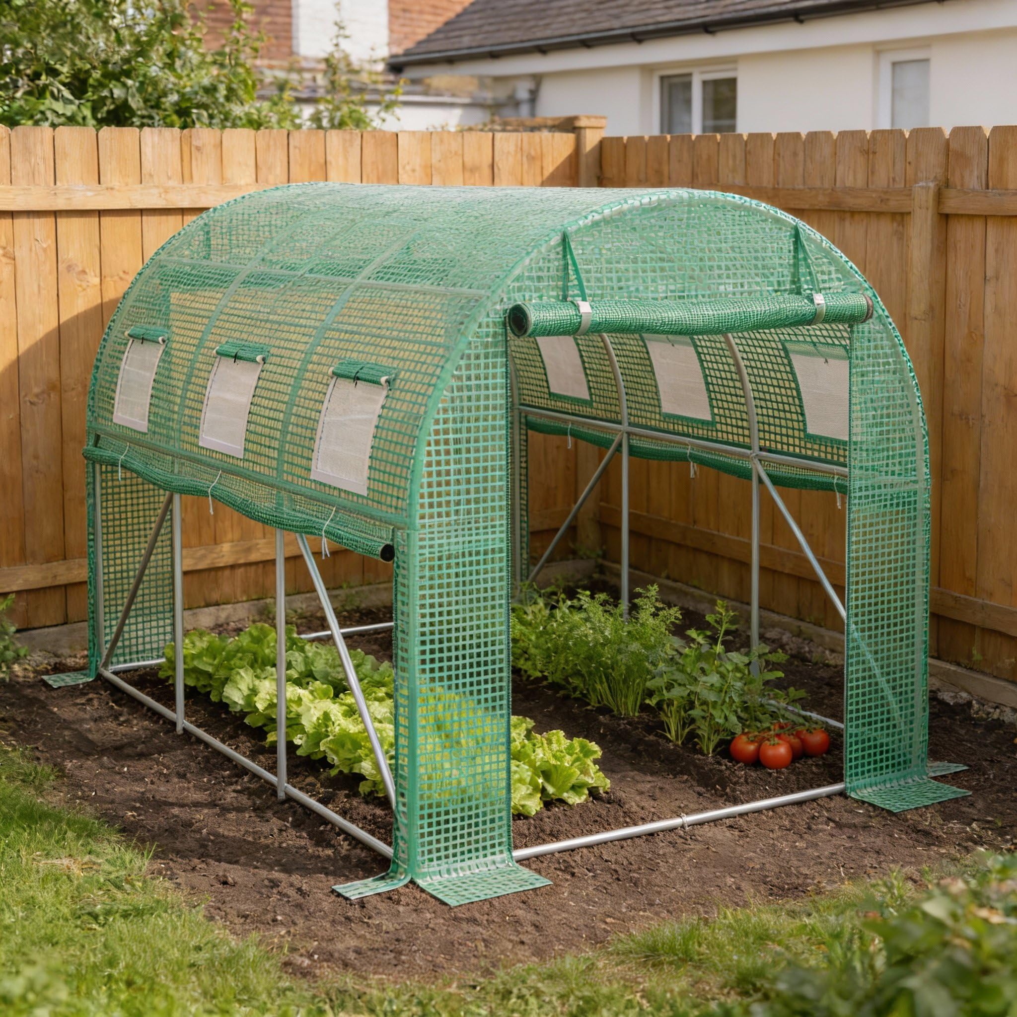 6㎡ Szklarnia ogrodowa z ramą stalową, 3 x 2 x 2 m, folia HDPE, 6 kratek przeciw owadom, okno i 2 drzwi, do ogrodu, namiot zimowy dla roślin