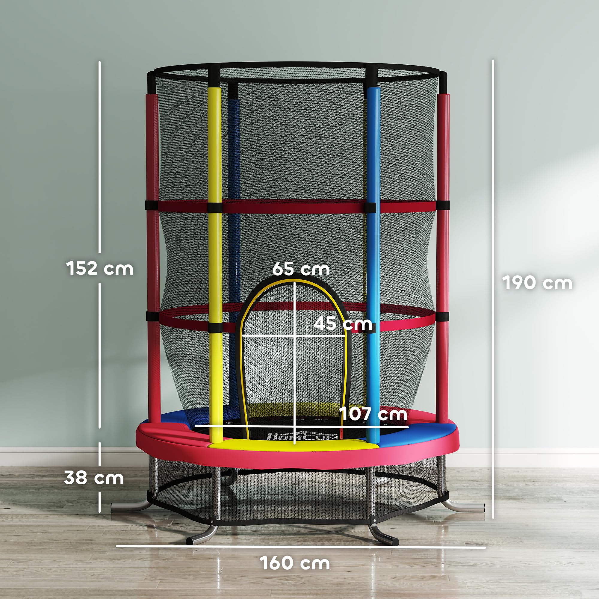 HOMCOM Cama Elástica Infantil, Ø160 cm, Trampolín para Niños de 3-6 Años con Red de Seguridad, Patas en Forma de L, Carga 45 kg, para Interior y Exterior, Multicolor