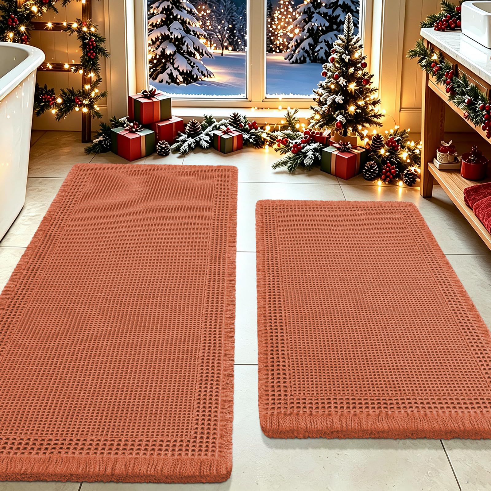 Upgrade Waffle Bath Mat Set 2 Piece, Boho Bathroom Rugs Absorbent Non Slip, Ultra Soft Bathroom Mat, Machine Washable Knit Bath Rugs with Border for Bathroom, Bedroom, Kitchen, Shower, Burnt Orange