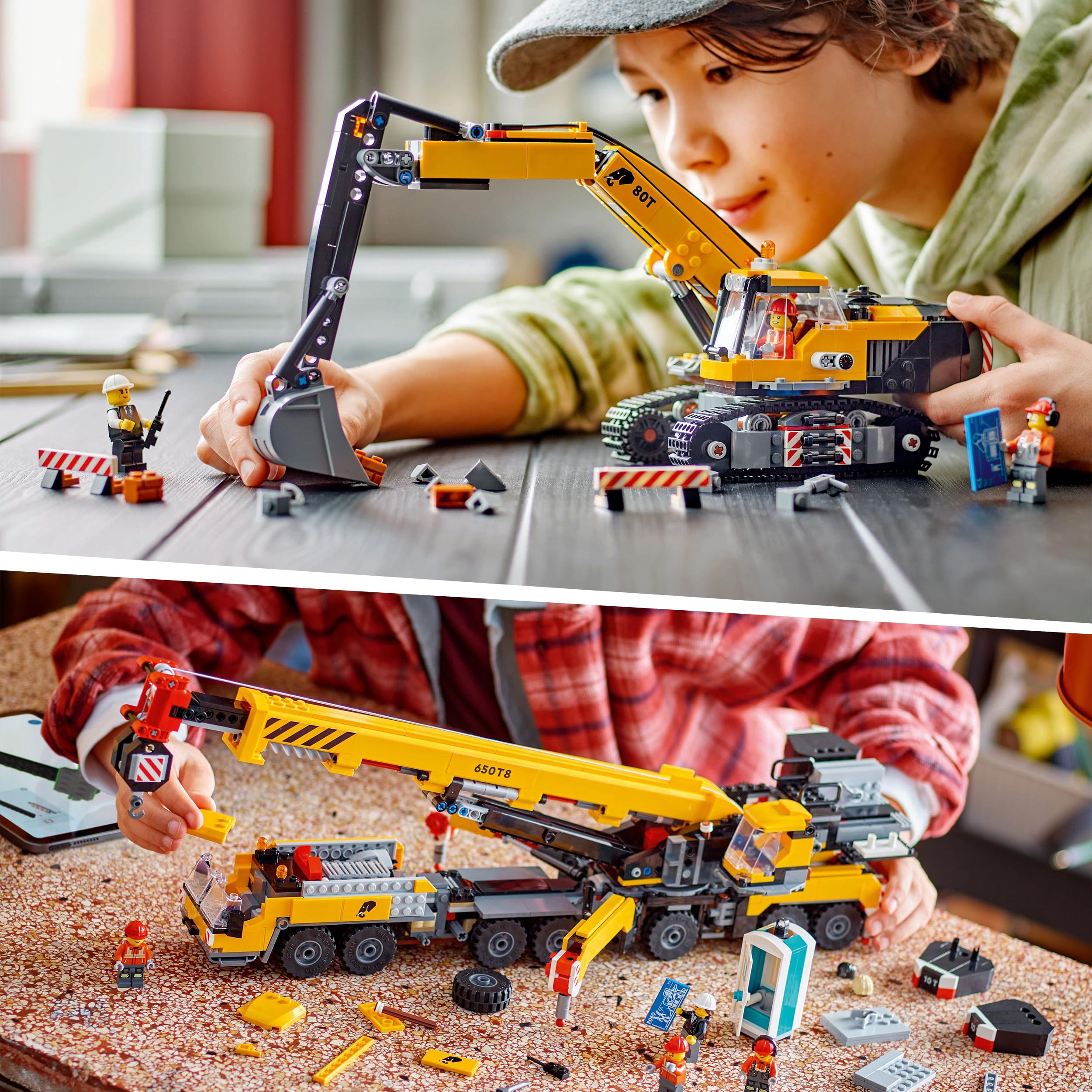 LEGO City Kran & Bagger, Baustellen Bundle mit Mobiler Baukran (60409) und Raupenbagger (60420), LEGO Fahrzeuge Kombi-Set ab 9 Jahren - LEGO City Neuheiten 2024