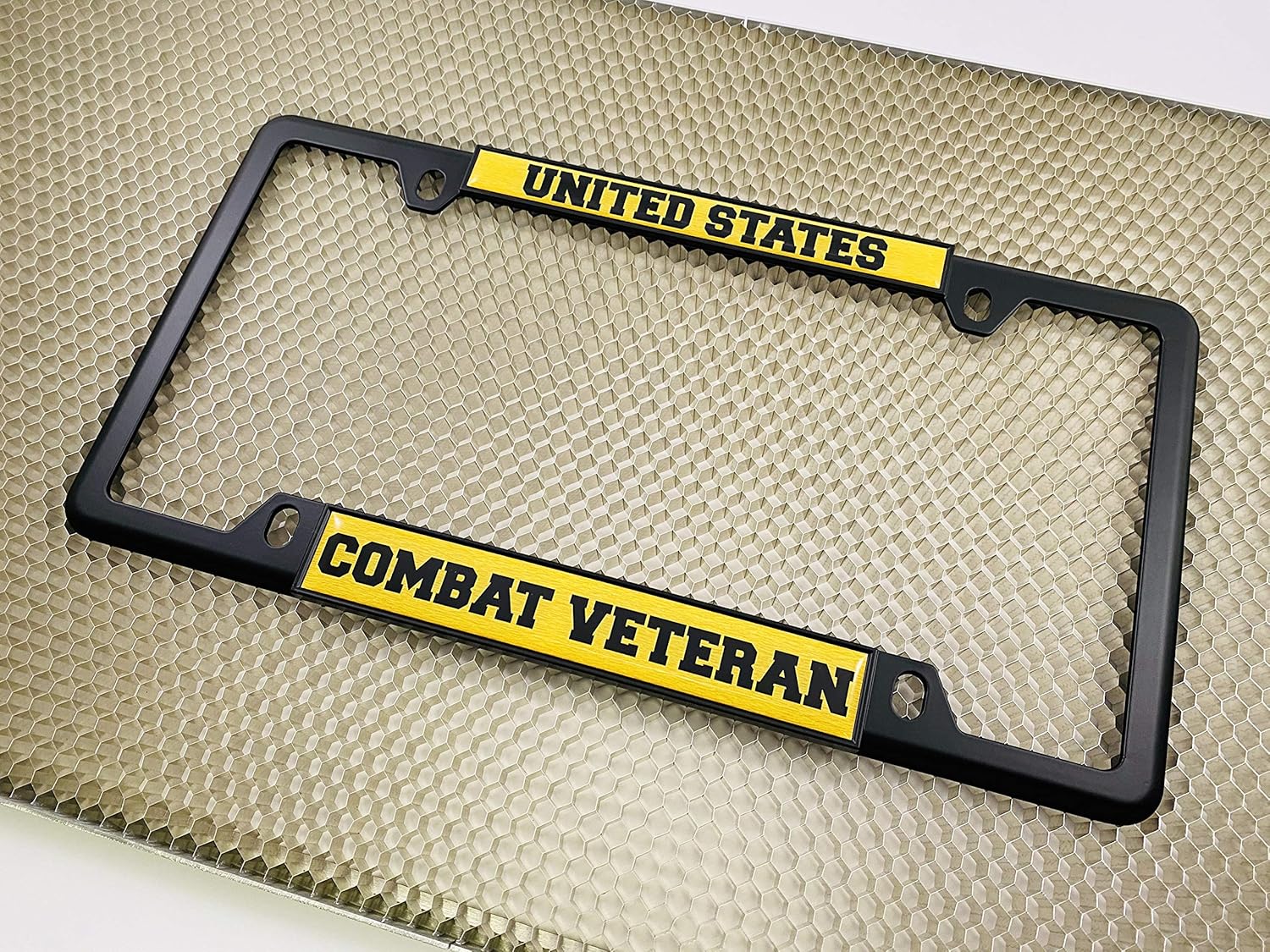 U.S. Combat Veteran - Domed Custom-Made Personalized Narrow (Thin) Top 4 Hole Metal Car License Plate Frame with Free caps - Black (Quantity: 1 Frame)