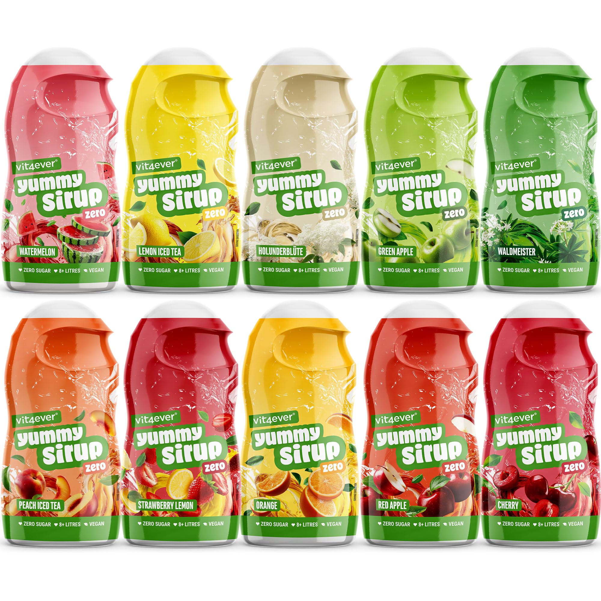 vit4ever Yummy Sirup Zero Mixed Set, 10 x 65ml, zuckerfrei und praktisch ohne Kalorien, mit nur 1kcal je 100ml Wasser-Sirup-Mischung, hochkonzentriert, für 8 l Fertiggetränk, vegan | 1 kcal je 100 ml, hochkonzentriert, für 8 l Fertiggetränk, vegan