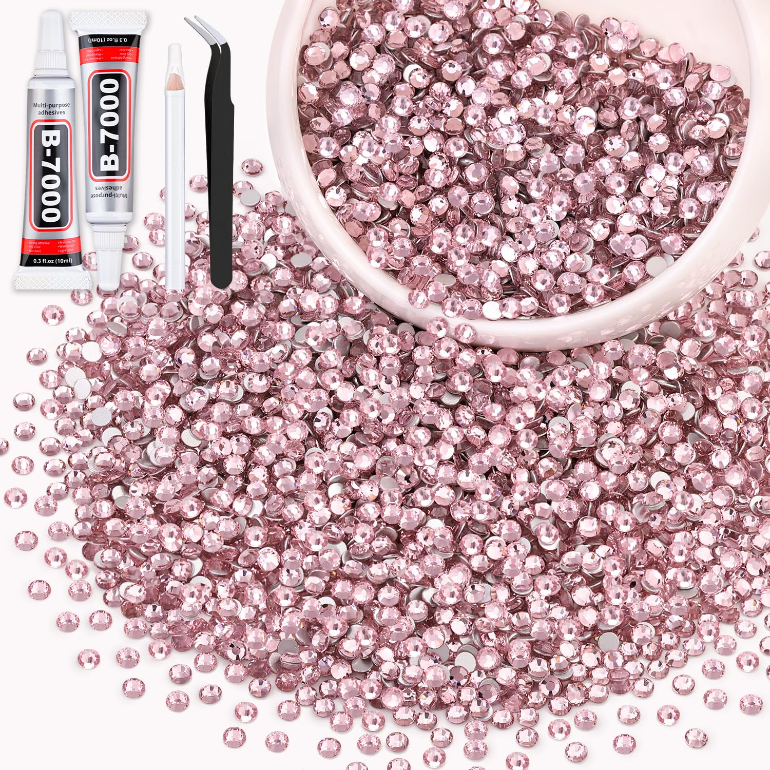 3000PCS SS12/3mm Crystal Rhinestones (Light Pink) with 2Pcs 10ml B7000 Jewelry Glue, Bedazzling Flatback Glass Rhinestones for Crafting, Gems Diomand