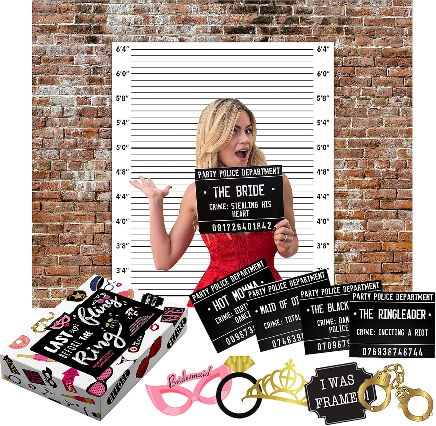 Deluxe Bachelorette Party Gift Box! Cloth Backdrop, 40 Unique Bachelorette Party Mugshots, Photo Booth Props Plus Game and Activity Instructions. Great for Girls Night Out, Stagette, Hen Parties!